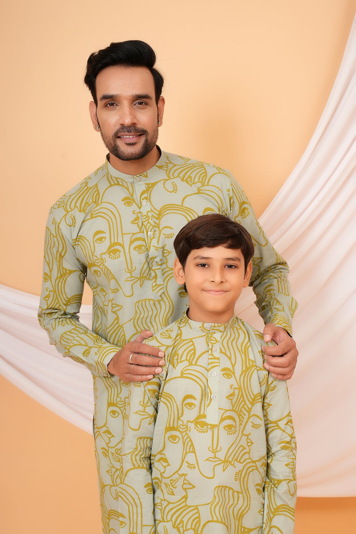 White Solid Base with Abstract Face Art Printed Kurti for Beti - Sage Green