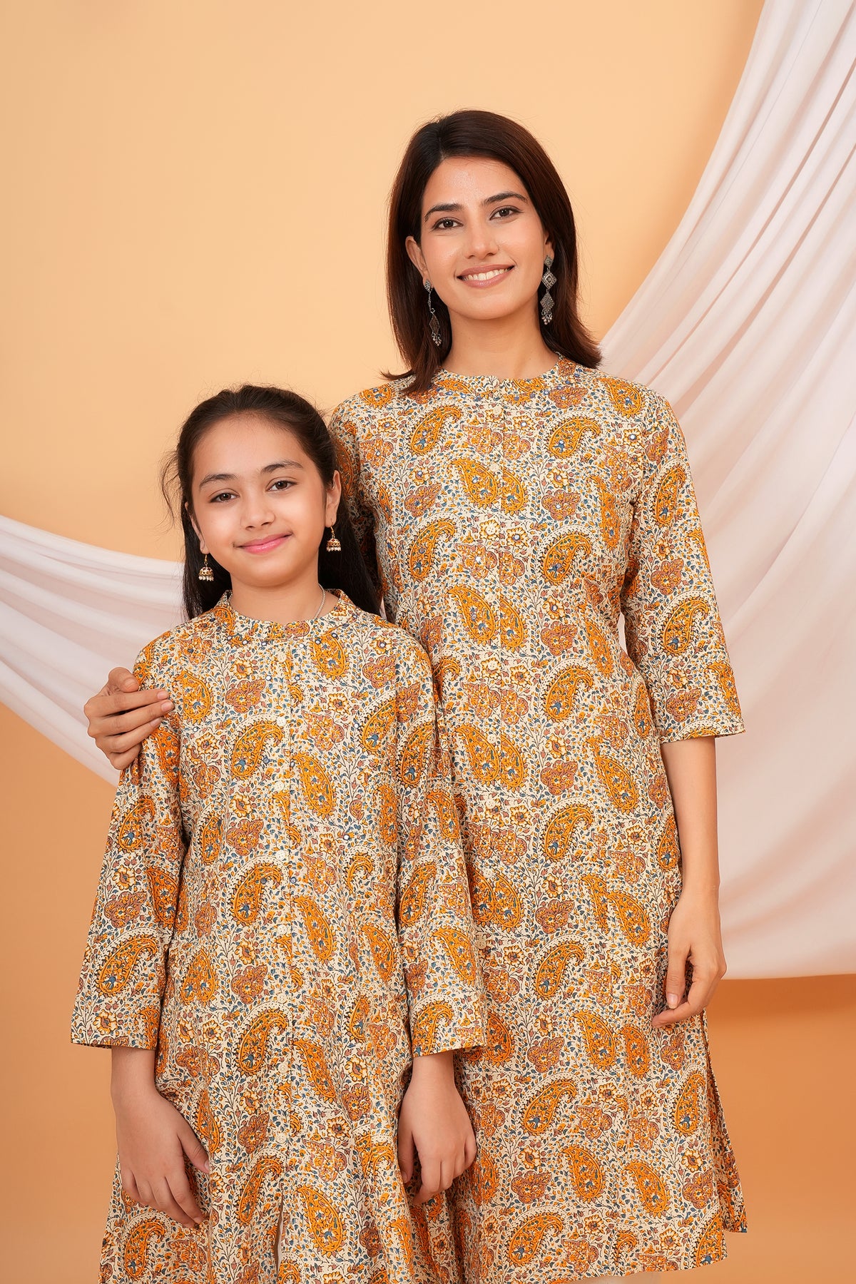 Paisley Printed Kalamkari Cotton Kurta with Mandarin Collar for Beta- Mustard Yellow