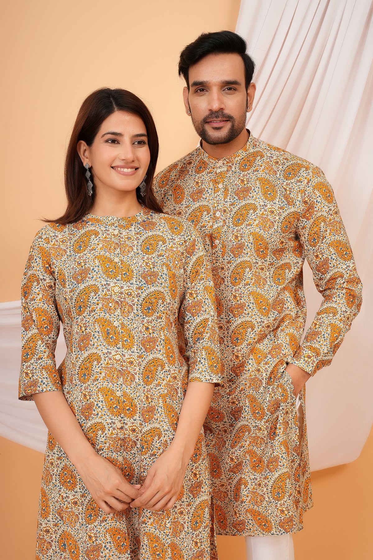 Paisley Printed Kalamkari Cotton Kurta with Mandarin Collar for Beta- Mustard Yellow