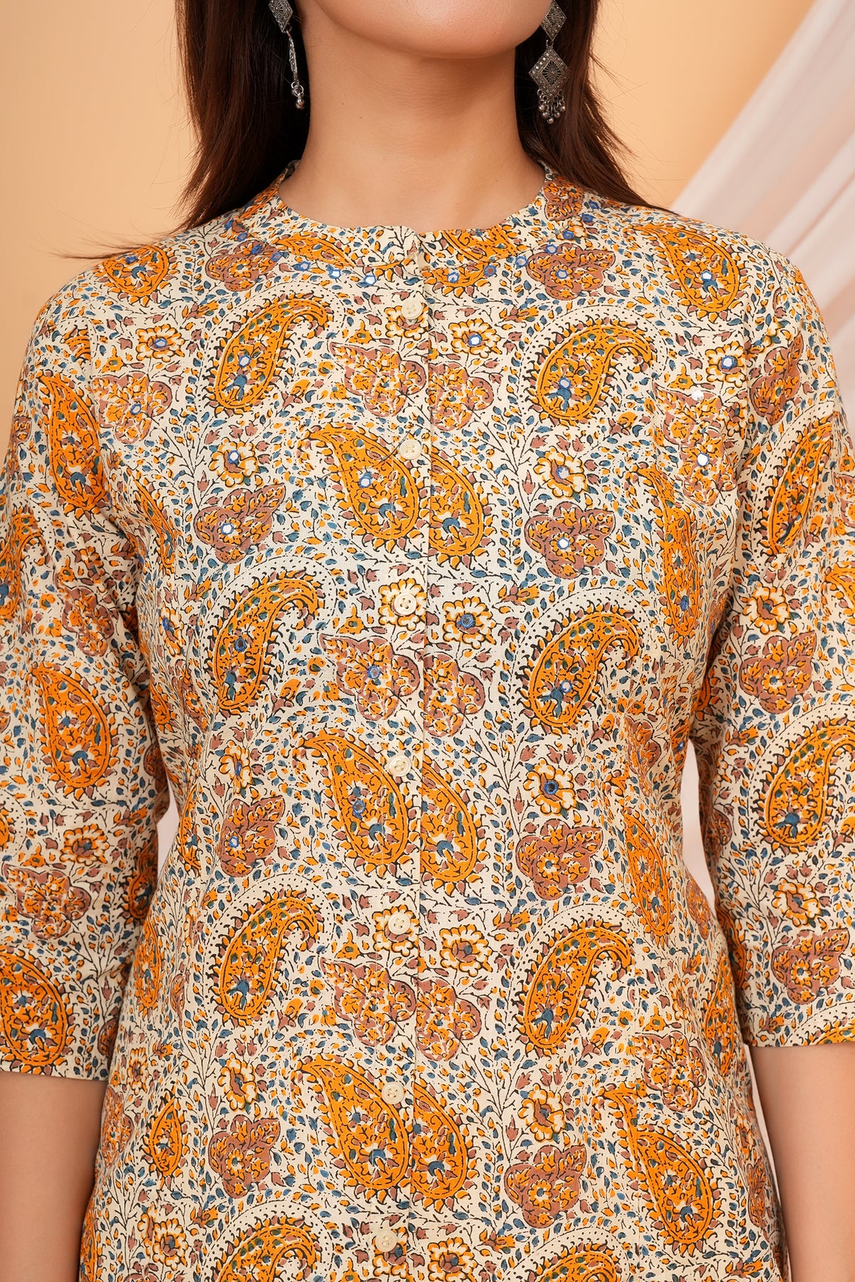 Paisley Printed Kalamkari Cotton Kurti with Mandarin Collar for Beti - Mustard Yellow