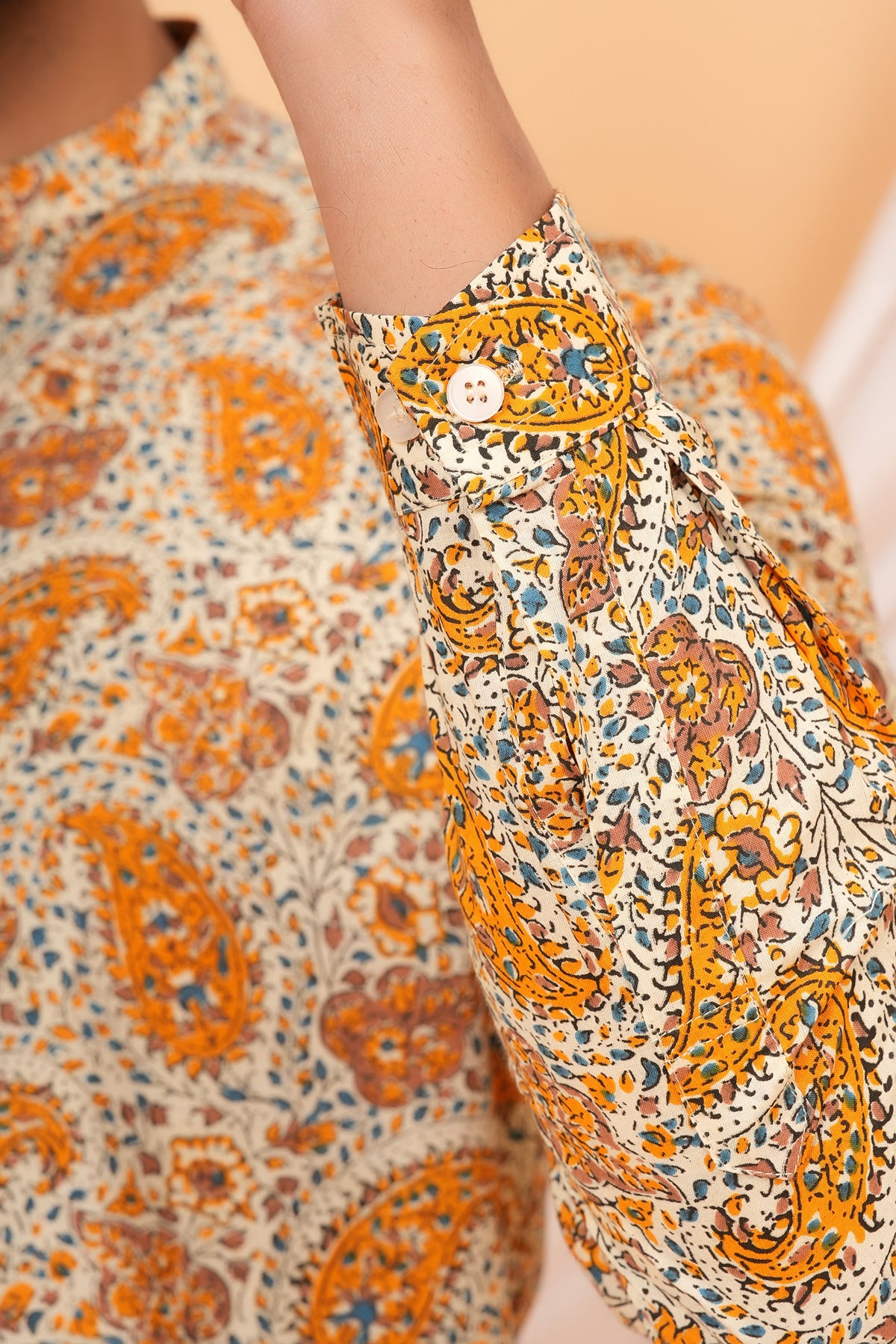 Paisley Printed Kalamkari Cotton Kurti with Mandarin Collar for Mother - Mustard Yellow