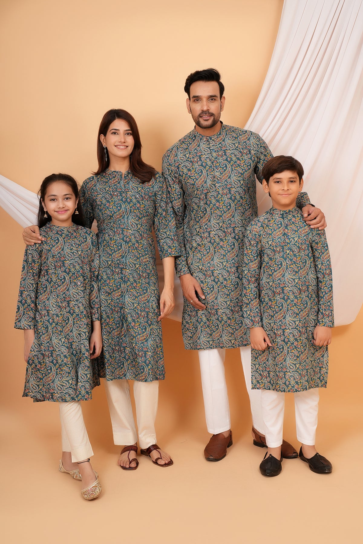 Soft Cotton Paisley Printed Floral Kurti & Kurta Collection Teal Blue - Family Bundle
