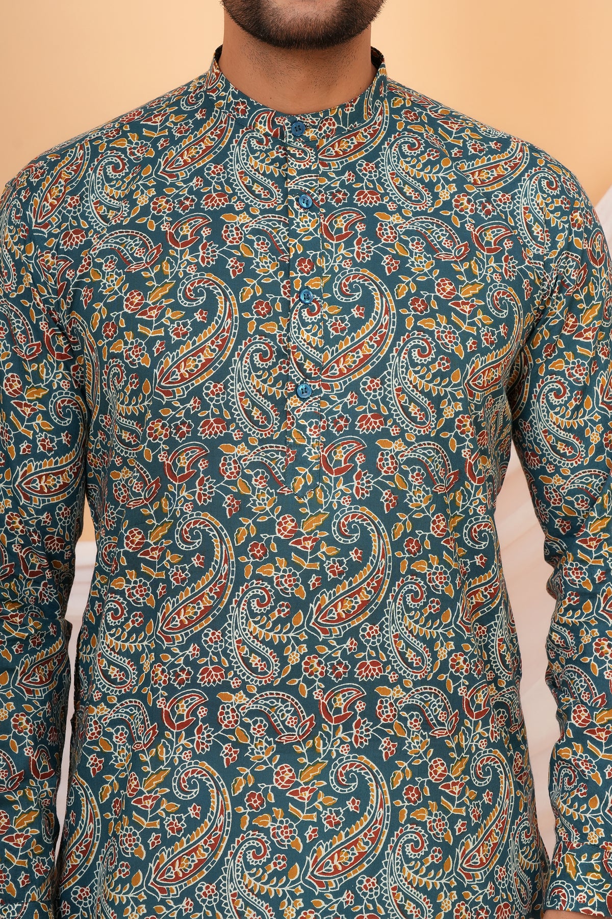 Soft Cotton Paisley Printed Floral Kurta For Beta-Teal Blue