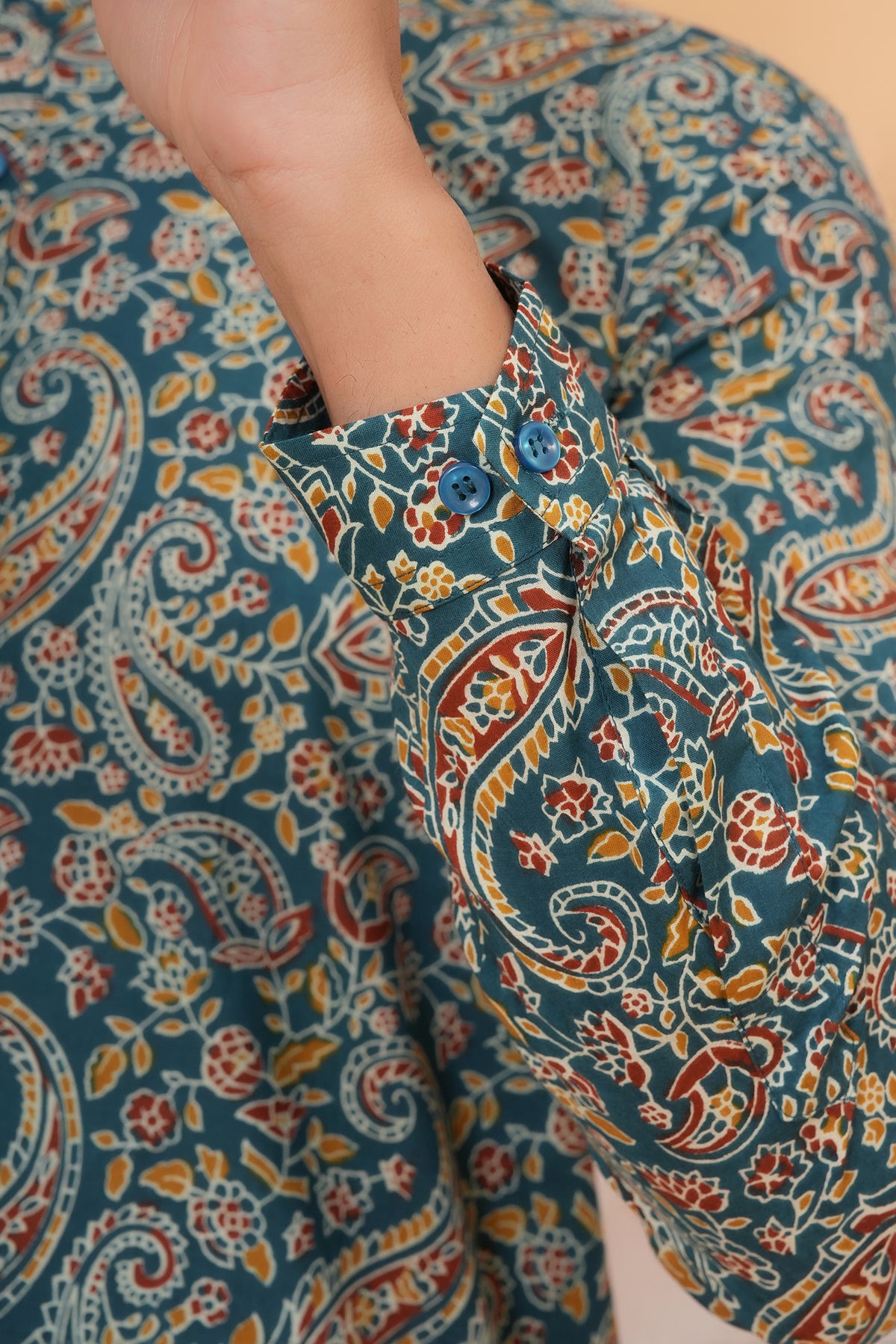 Soft Cotton Paisley Printed Floral Kurta For Beta-Teal Blue