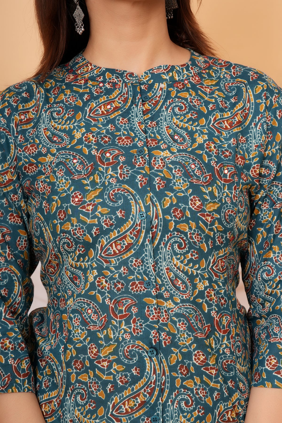 Soft Cotton Paisley Printed Floral Kurta For Beta-Teal Blue