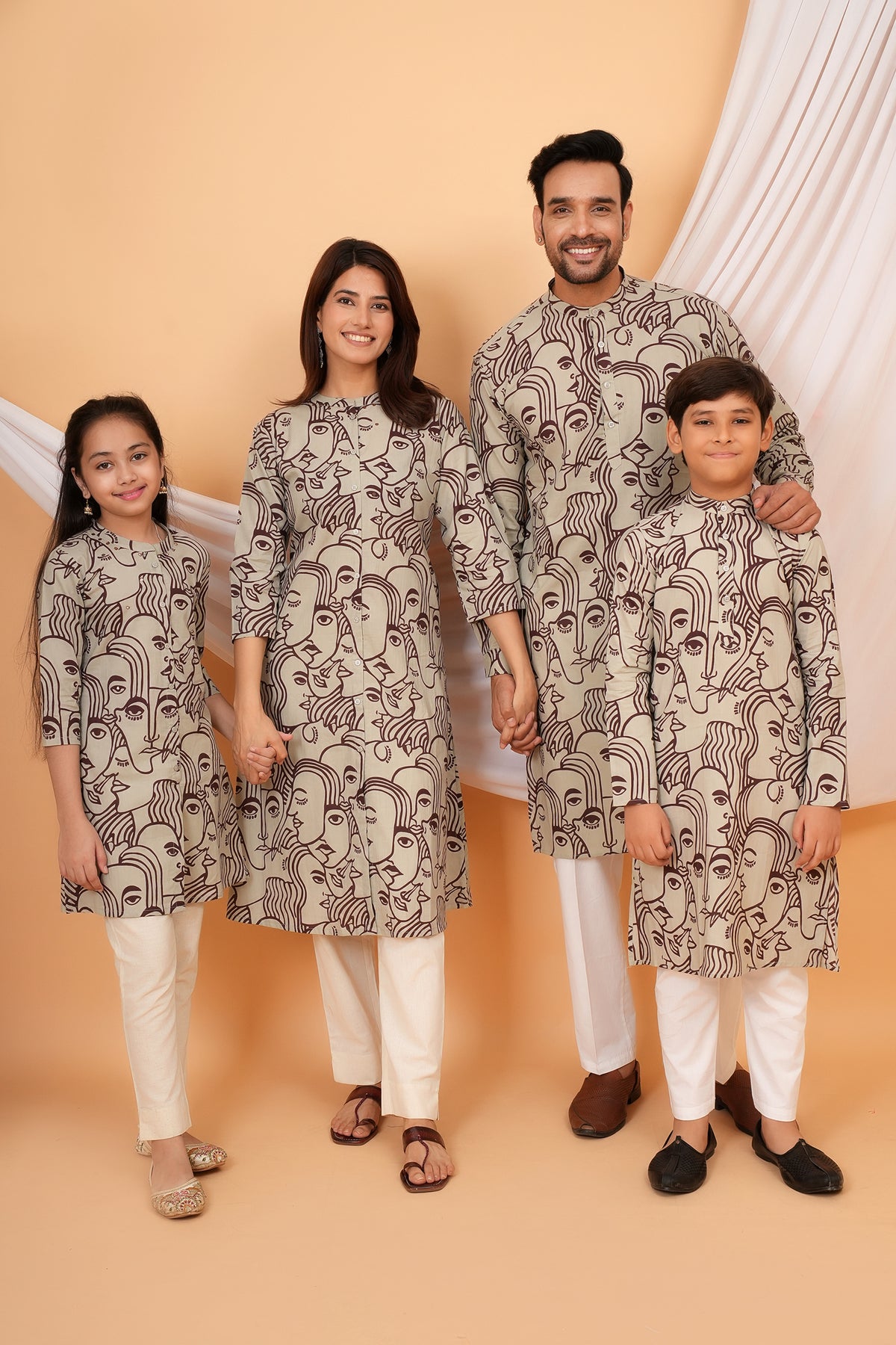 White Solid Base with Abstract Face Art Printed Kurta for Father - Maroon
