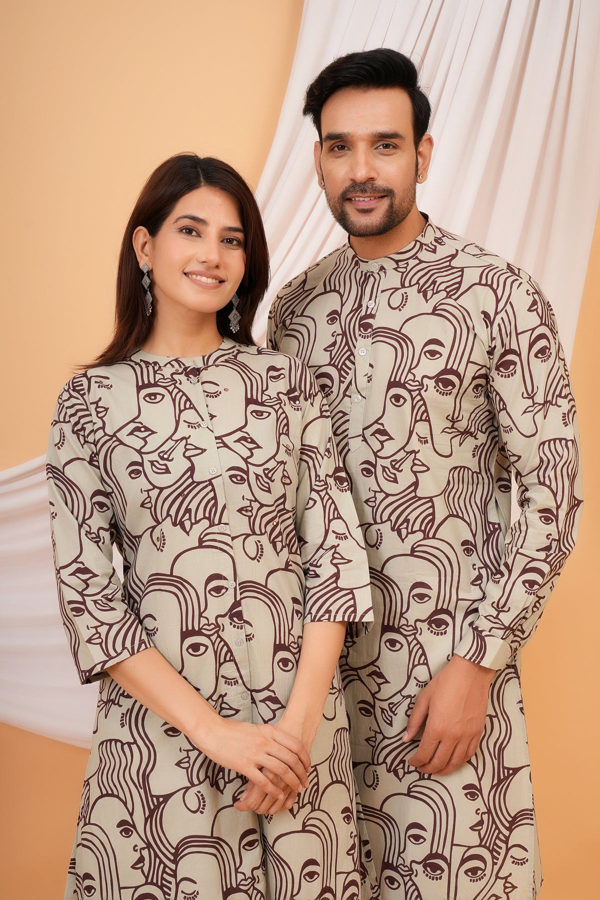 White Solid Base with Abstract Face Art Printed Kurti for Beta - Maroon