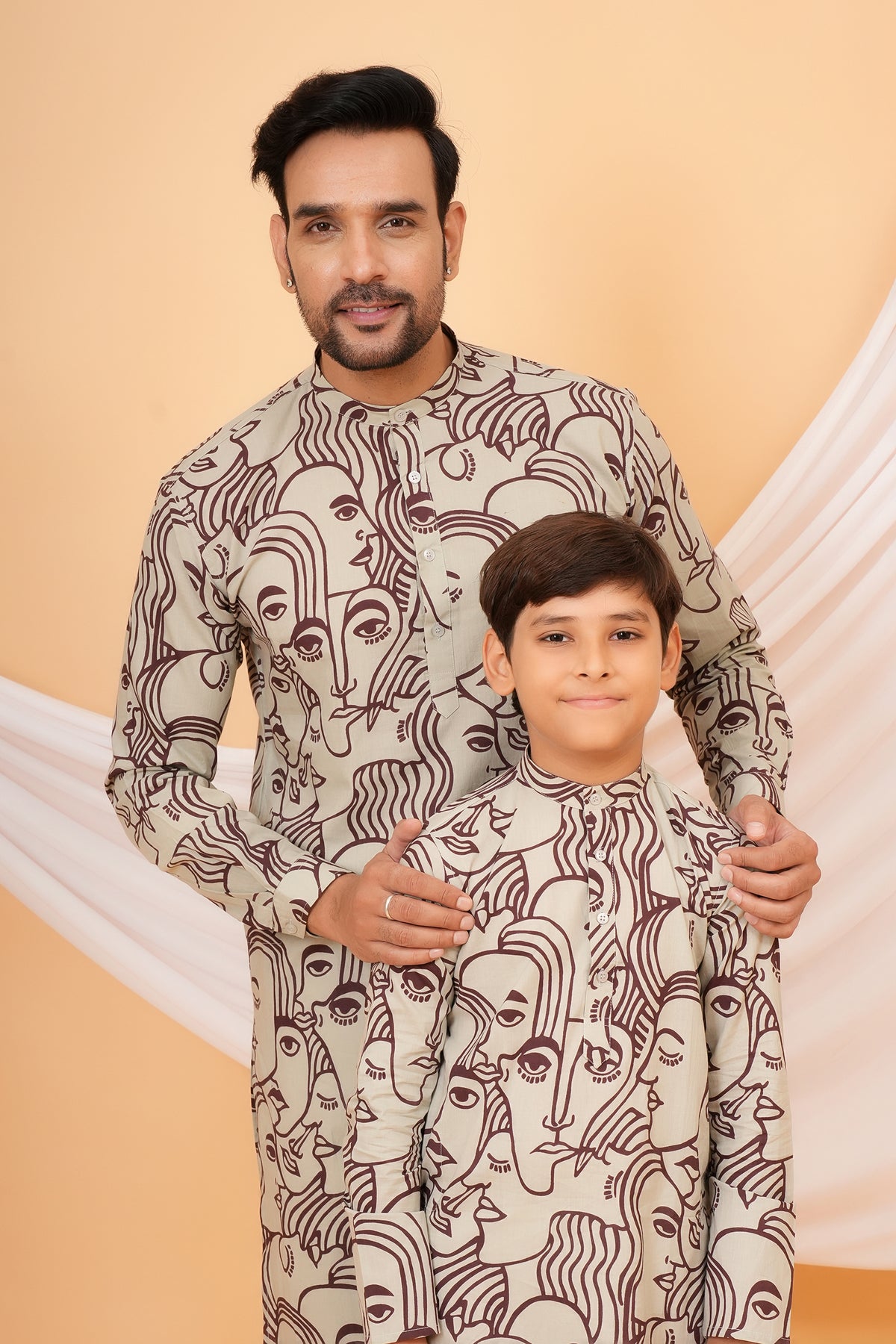 White Solid Base with Abstract Face Art Printed Kurti For Mother - Maroon