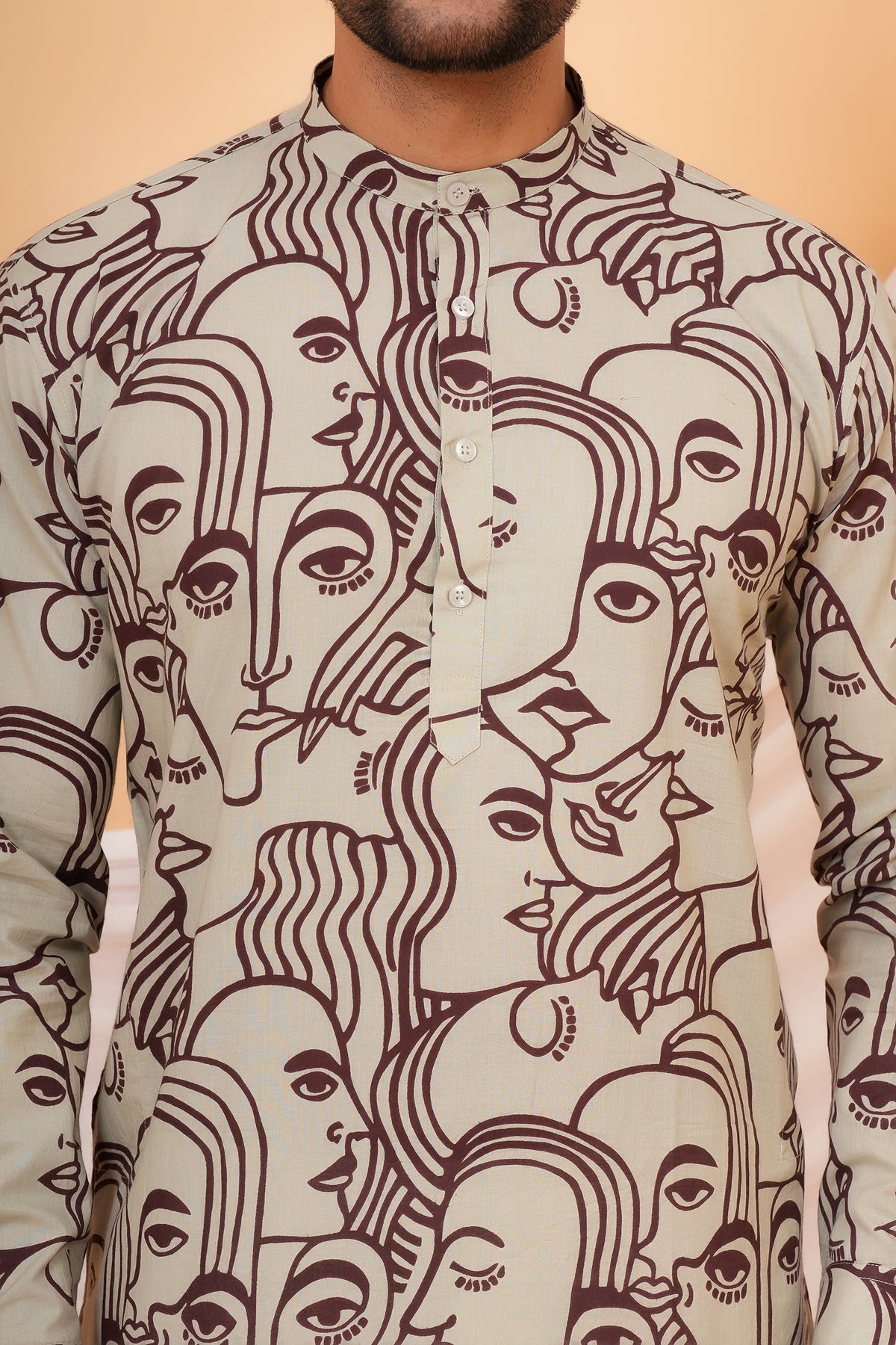 White Solid Base with Abstract Face Art Printed Kurti for Beta - Maroon