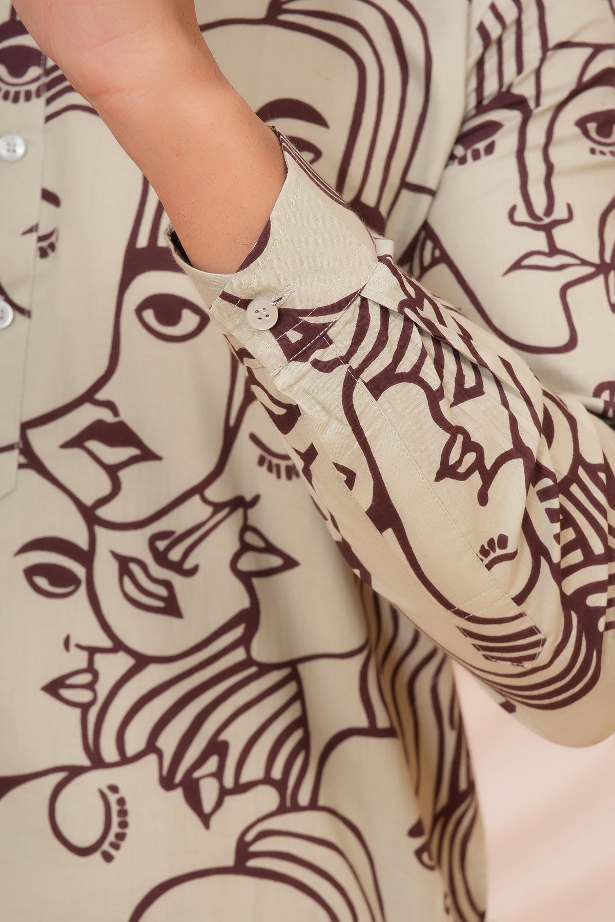 White Solid Base with Abstract Face Art Printed Kurti For Mother - Maroon