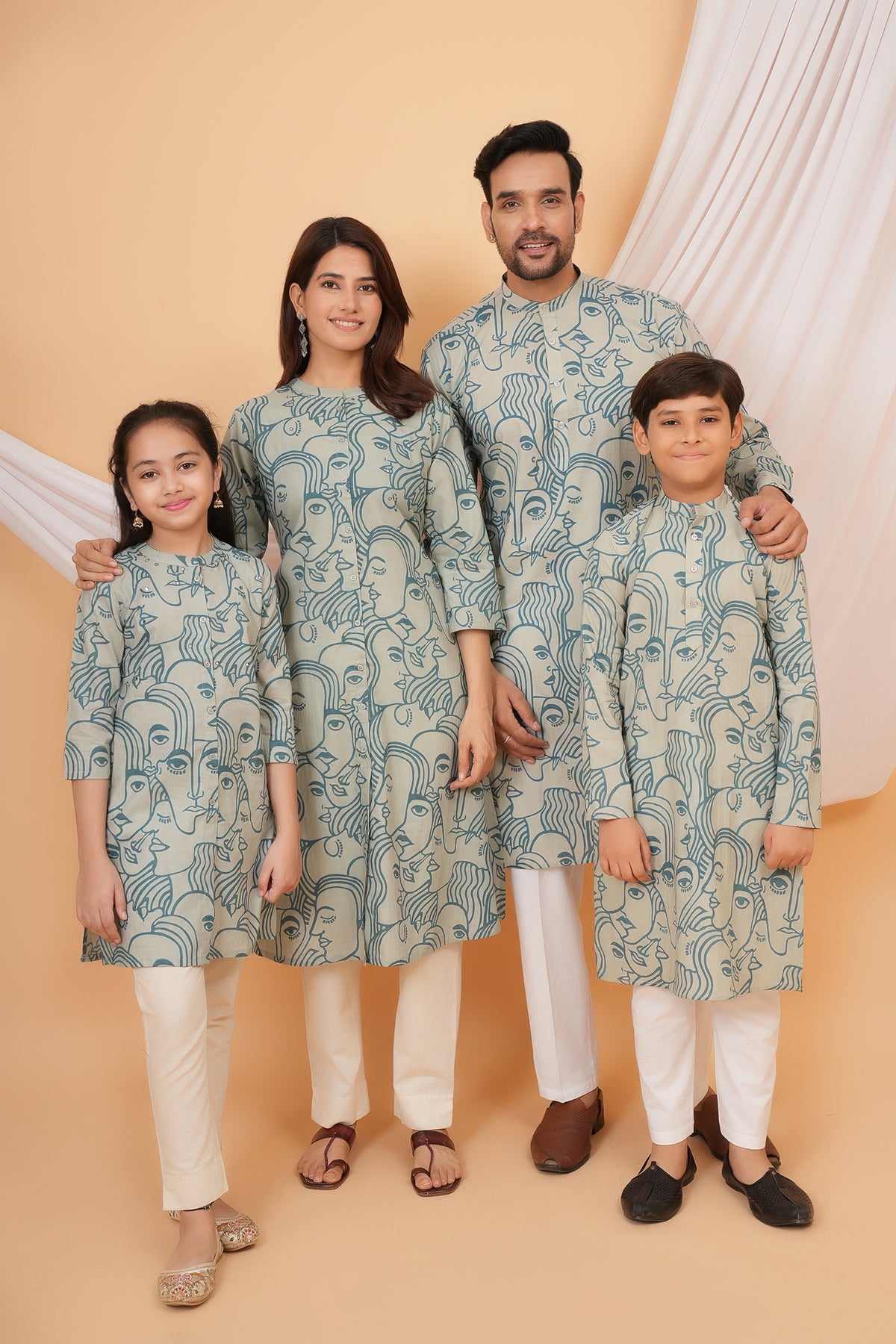 White Solid Base with Abstract Face Art Printed Kurti for Mother - Sky Blue