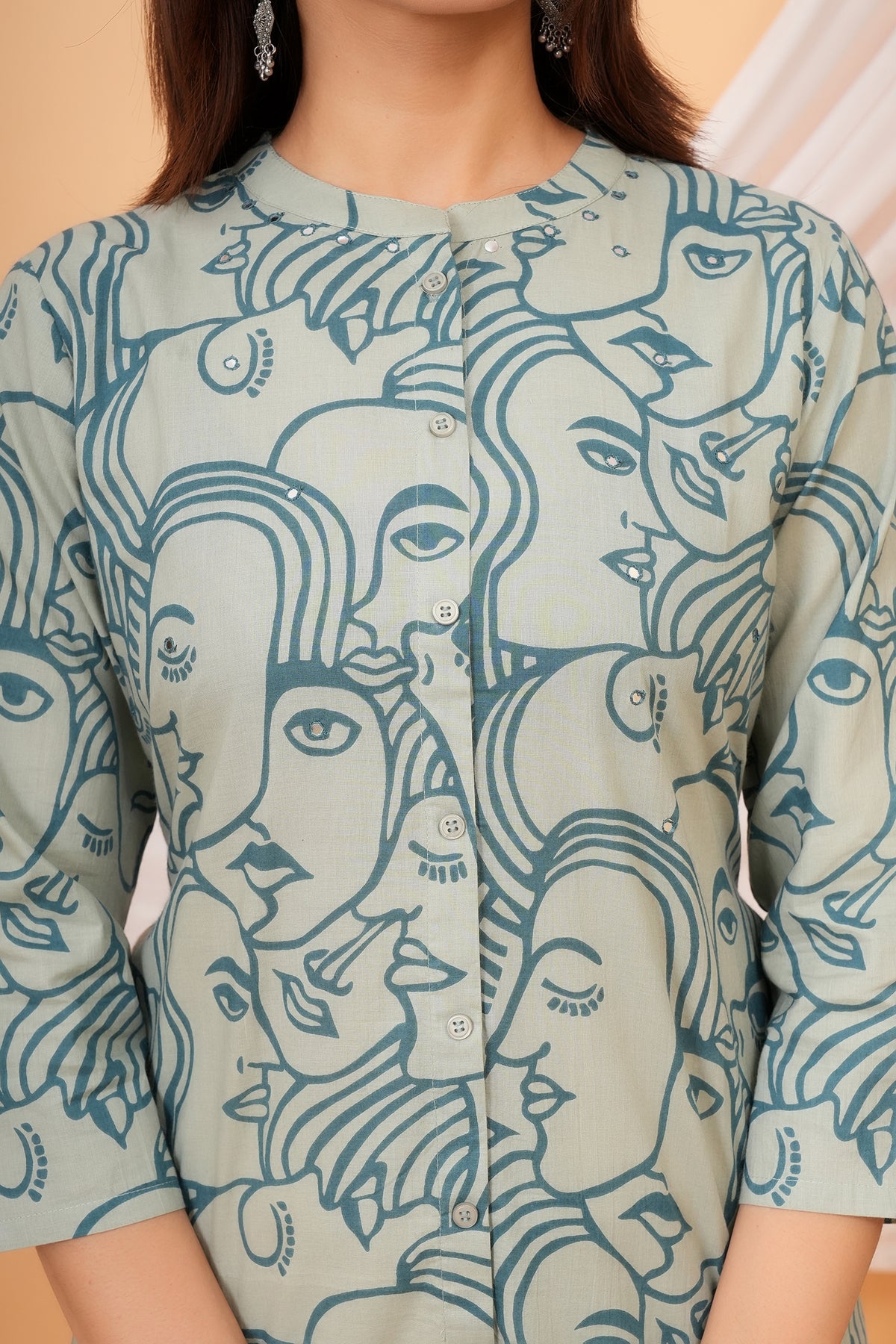 White Solid Base with Abstract Face Art Printed Kurti for Beti - Sky Blue