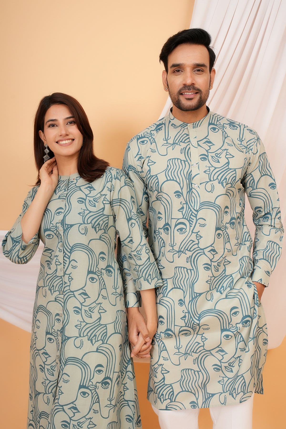 White Solid Base with Abstract Face Art Printed Kurti for Mother - Sky Blue