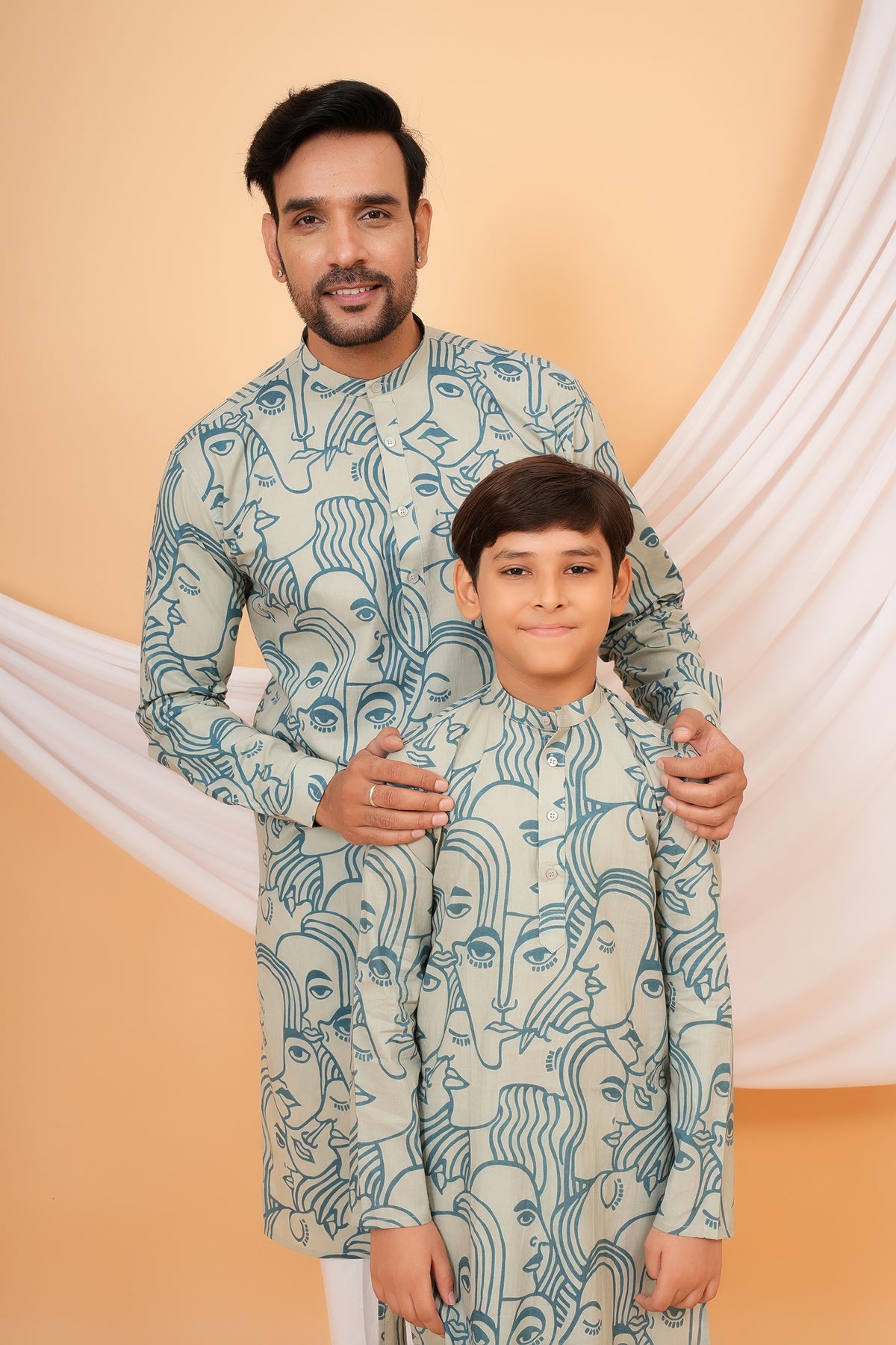 White Solid Base with Abstract Face Art Printed Kurti for Mother - Sky Blue
