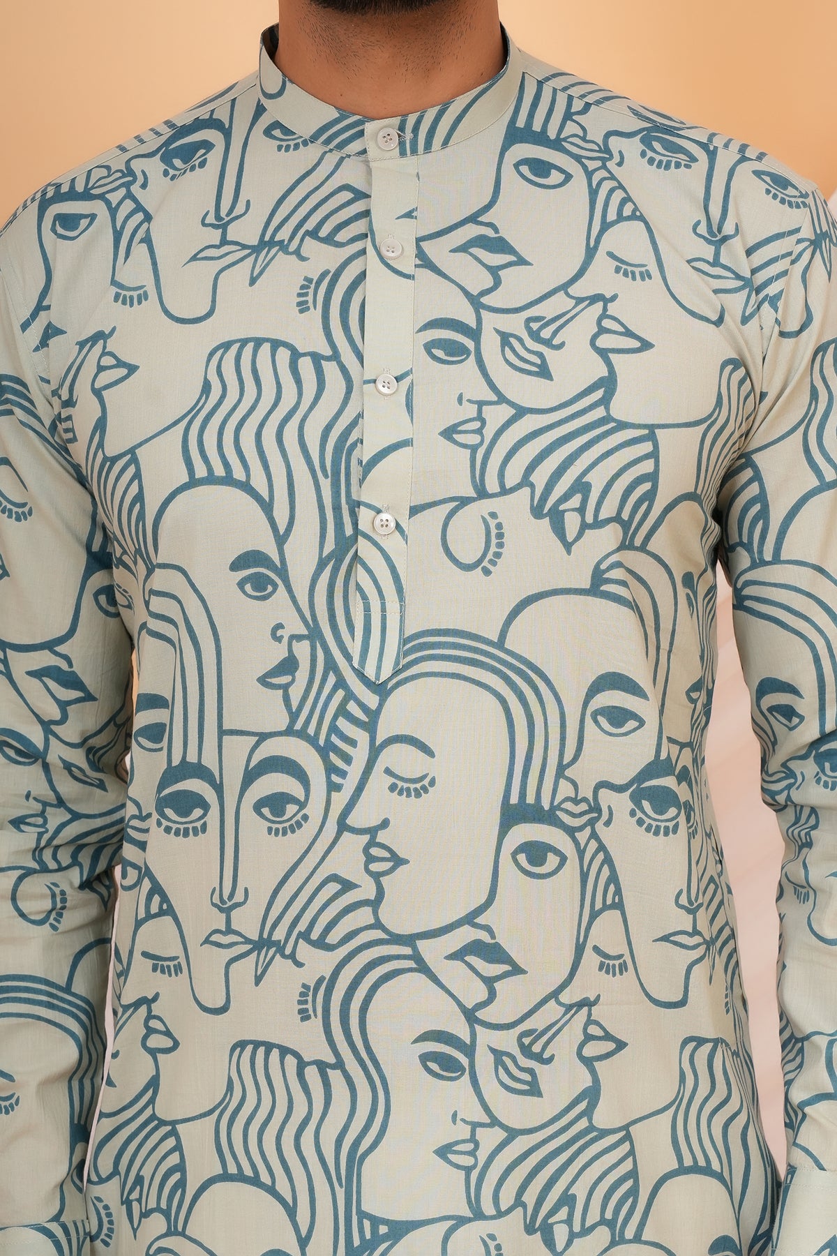 White Solid Base with Abstract Face Art Printed Kurti for Mother - Sky Blue