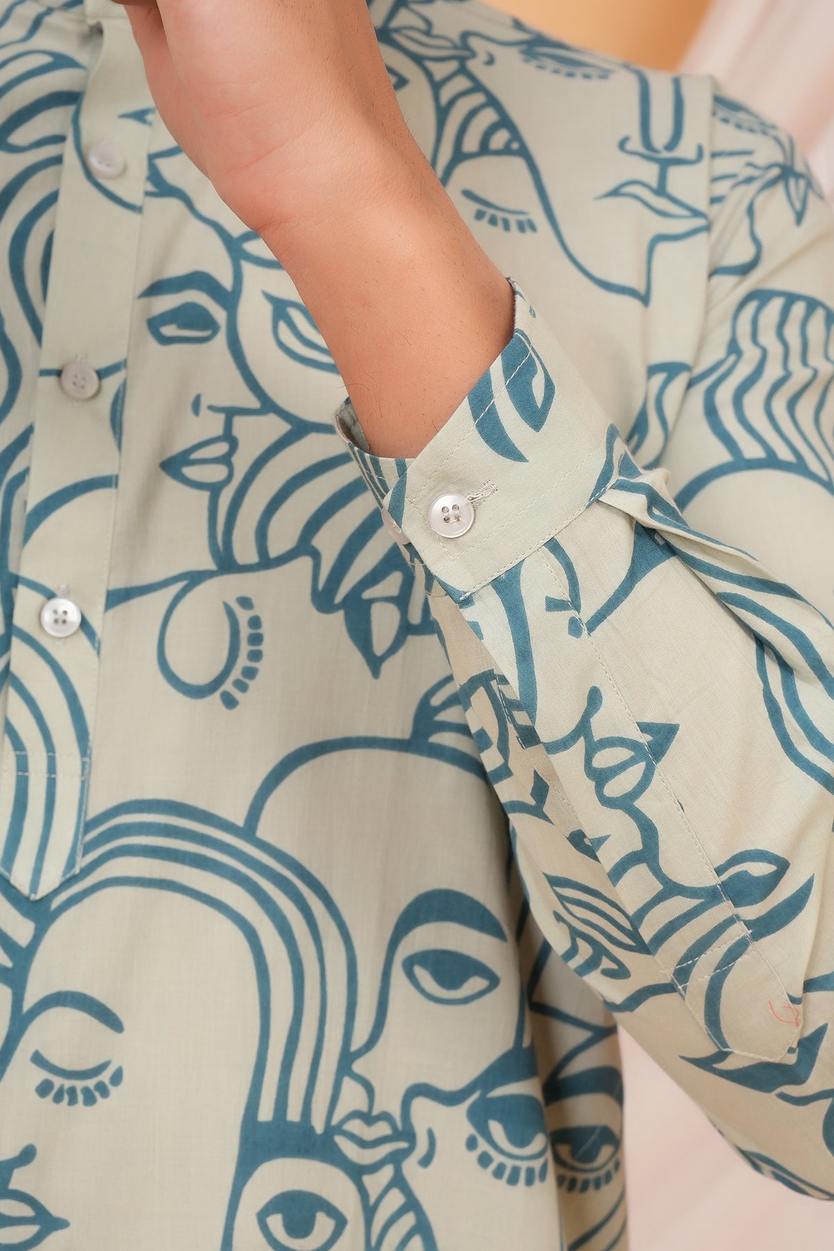 White Solid Base with Abstract Face Art Printed Kurti for Father - Sky Blue
