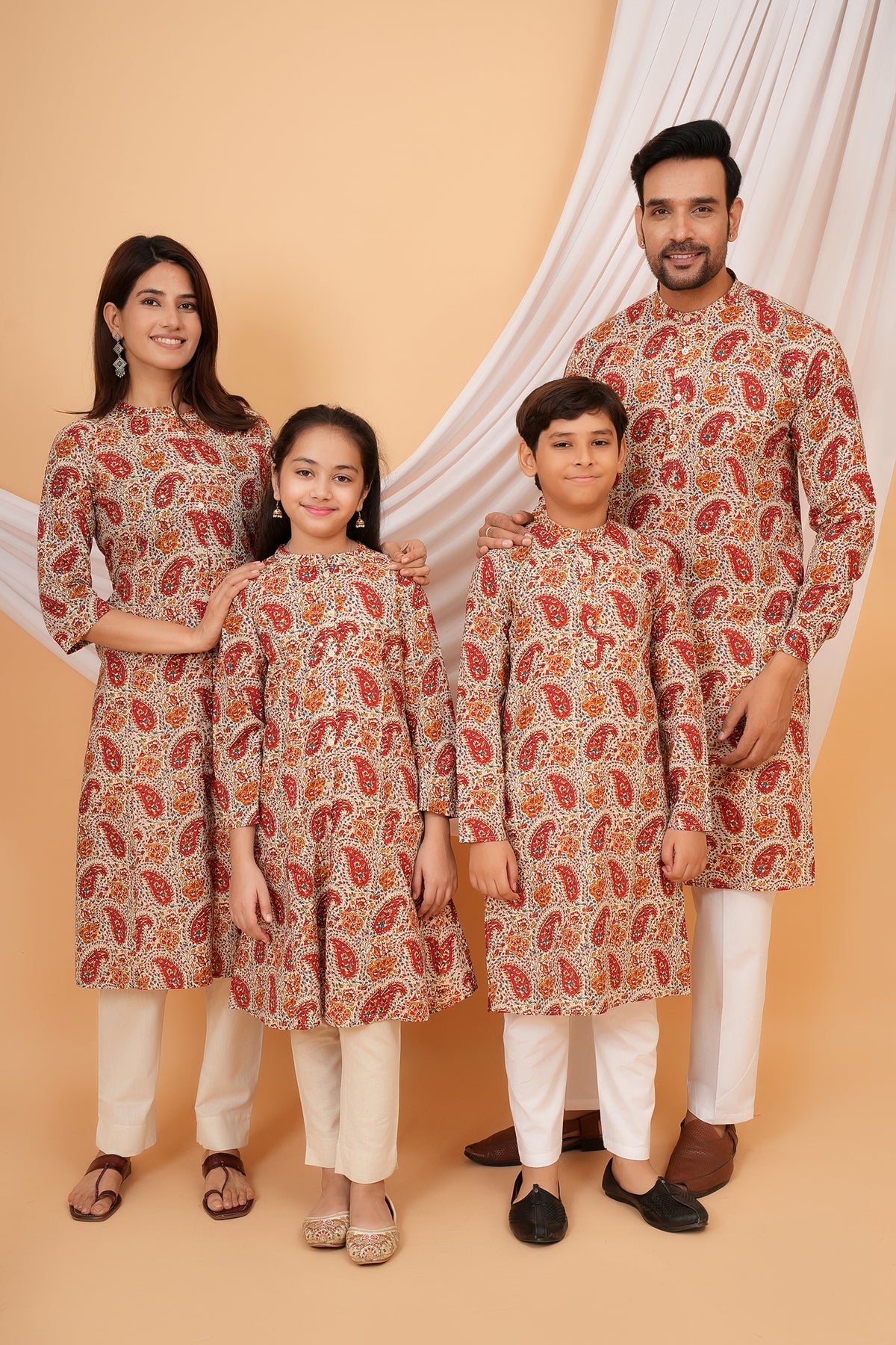 Traditional Floral Kalamkari Paisley Print Kurti & Kurta Collection White & Orange - Family Bundle