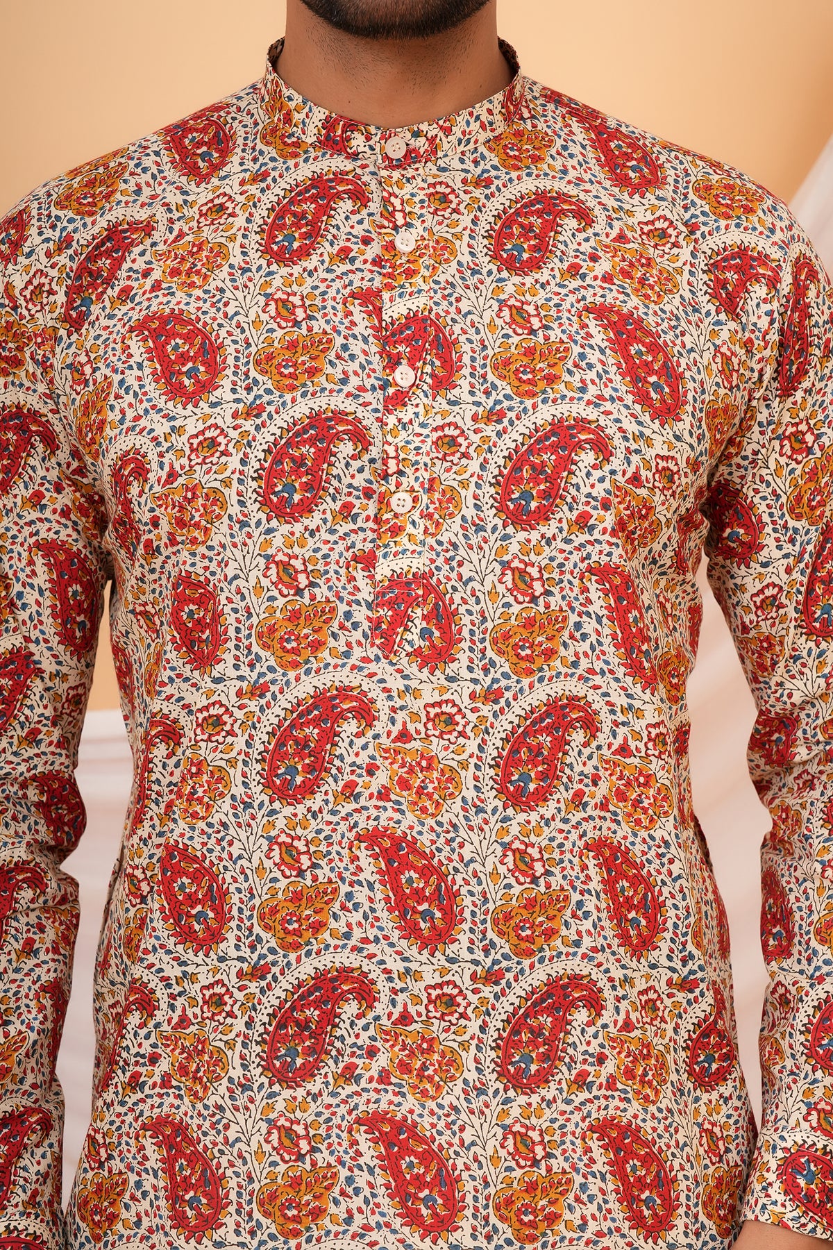 Traditional Floral Kalamkari Paisley Print White Base Kurta For Father- White & Orange