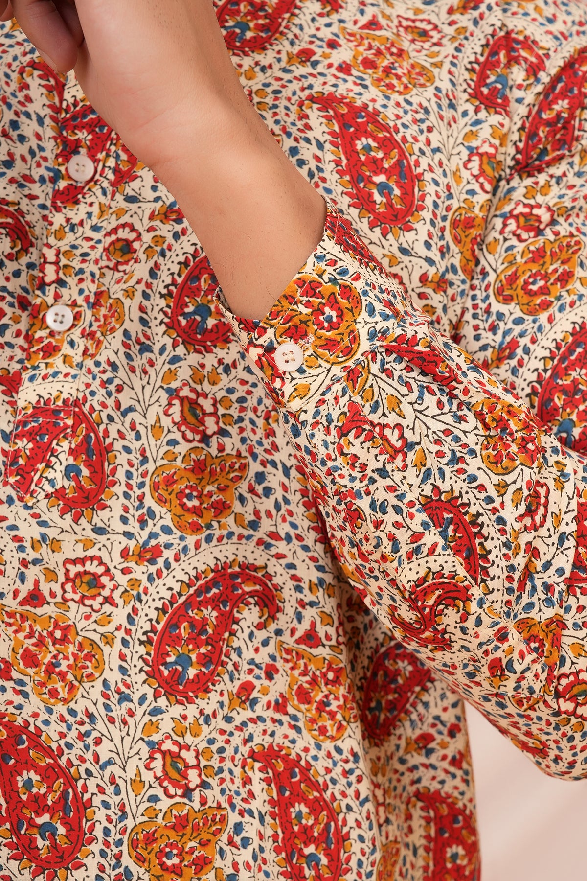Traditional Floral Kalamkari Paisley Print White Base Kurti For Beti- White & Orange