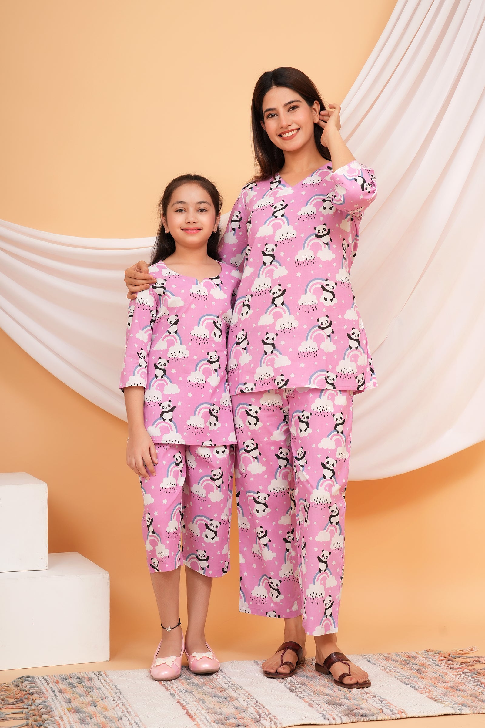 Panda and Rainbow Themed Night Dress for Maa Beti Duo - Pink