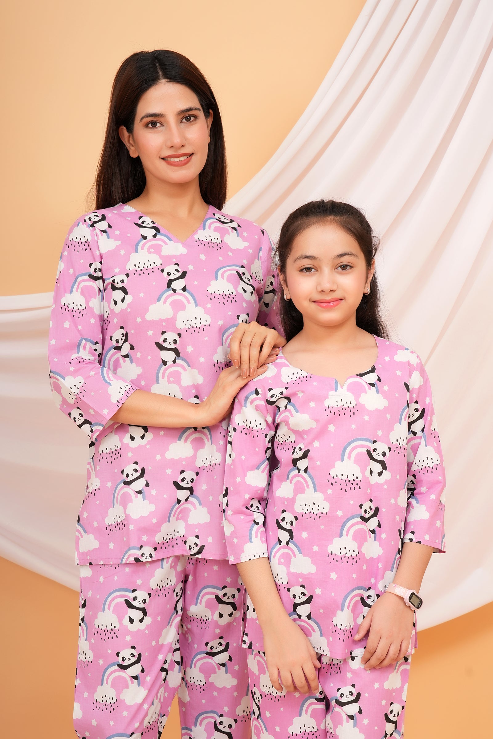 Panda and Rainbow Themed Night Dress for Maa Beti Duo - Pink