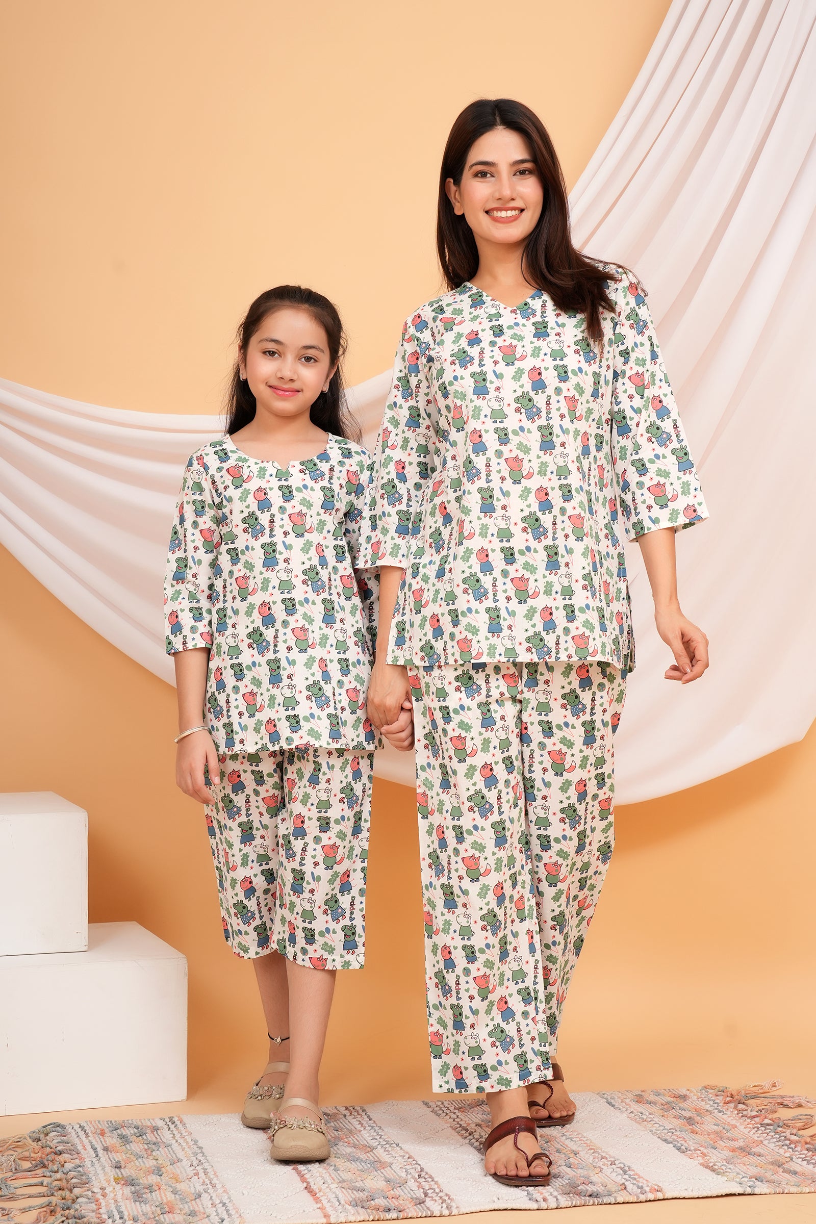 Peach & Green Peppa Pig Themed Night Dress for Maa Beti Duo - White