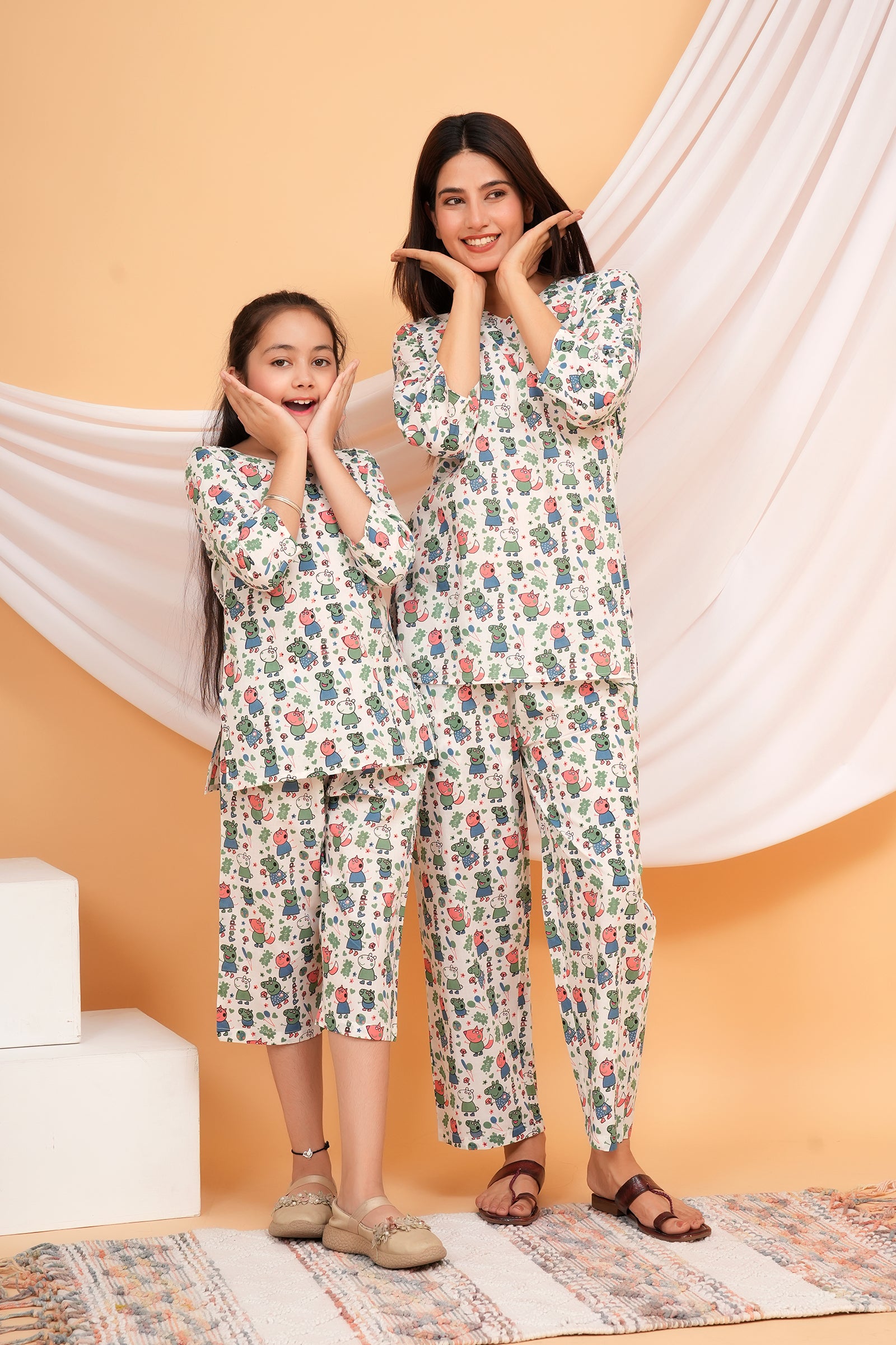 Peach & Green Peppa Pig Themed Night Dress for Maa Beti Duo - White
