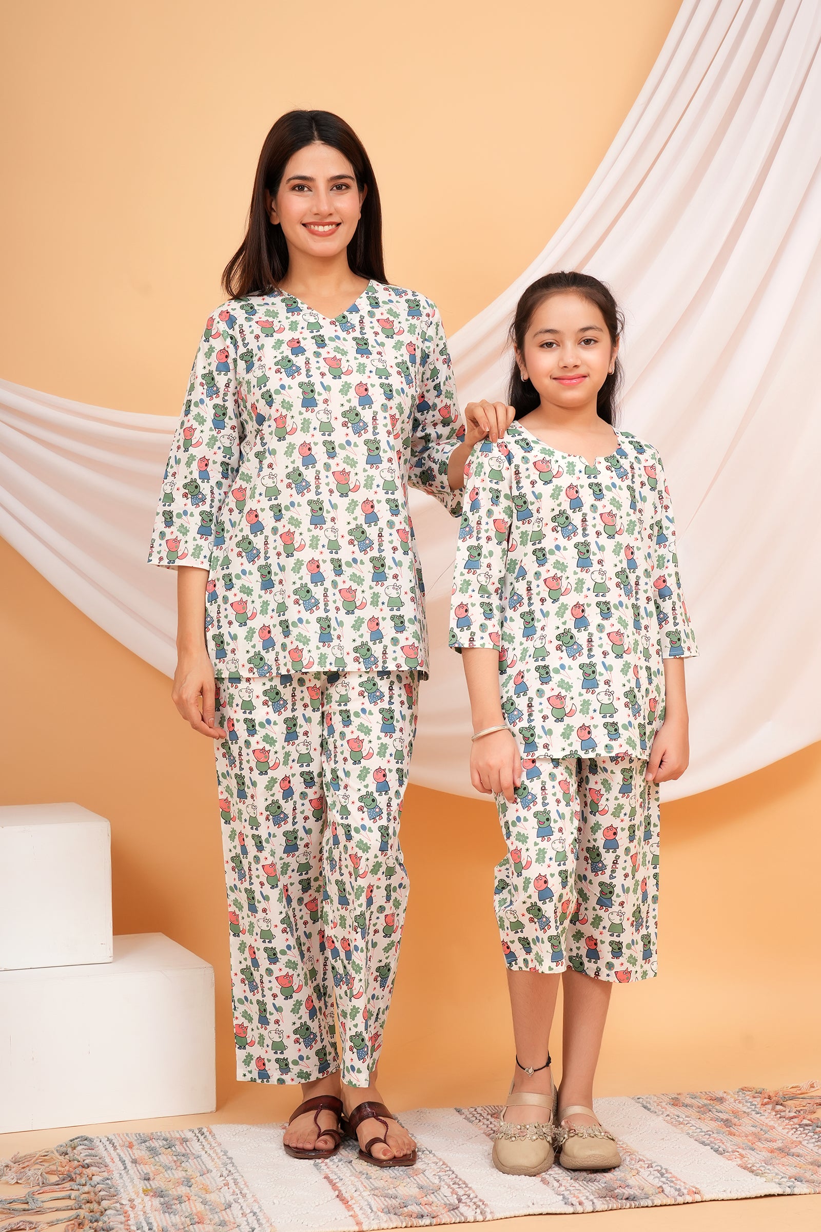 Peach & Green Peppa Pig Themed Night Dress for Maa Beti Duo - White