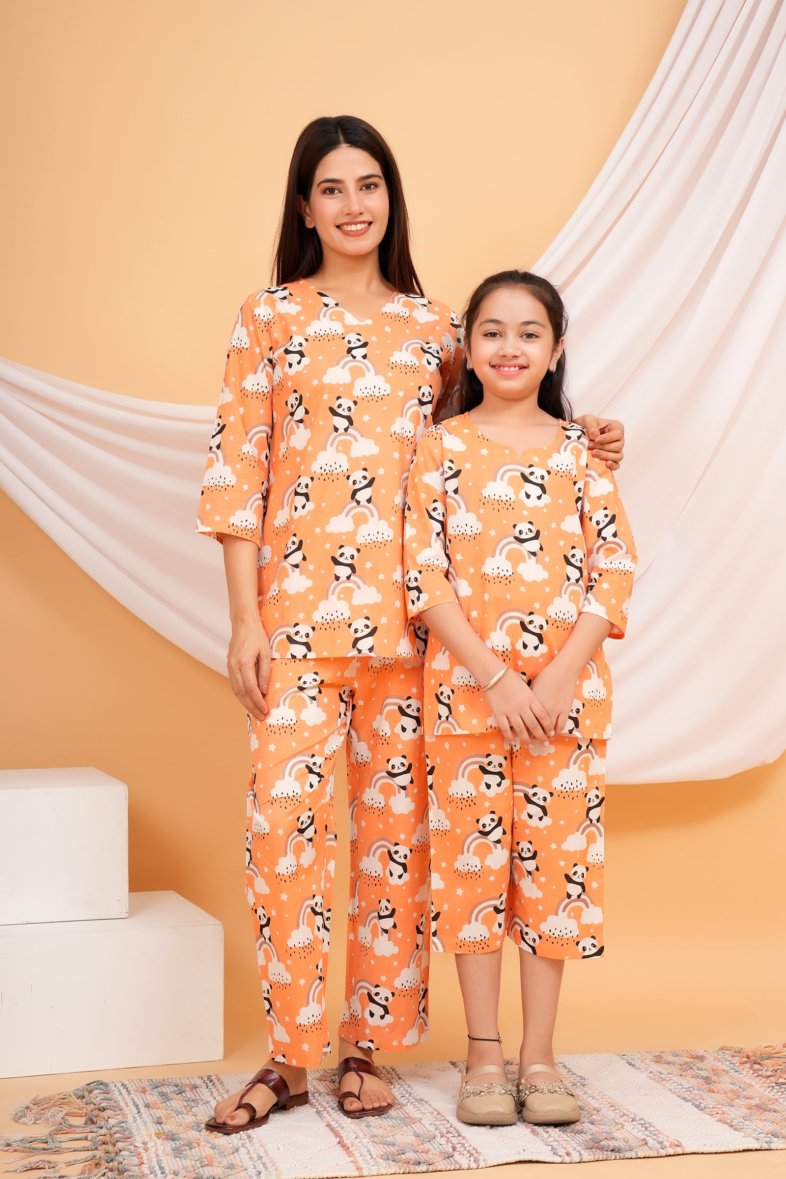 Panda and Rainbow Themed Night Dress for Maa Beti Duo - Orange