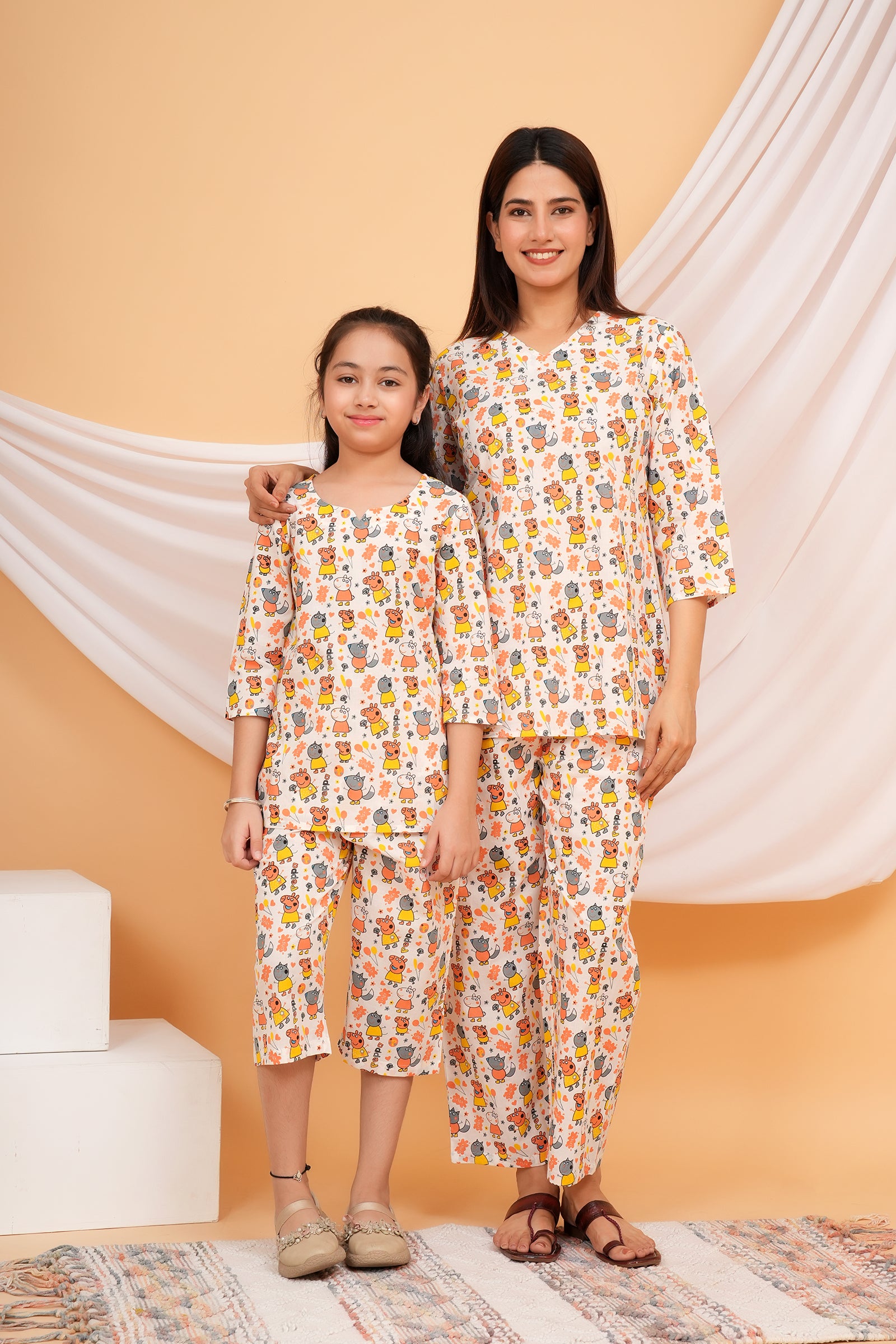 Yellow and Peach Peppa Pig Themed Nigh Dress for Maa Beti Duo - White