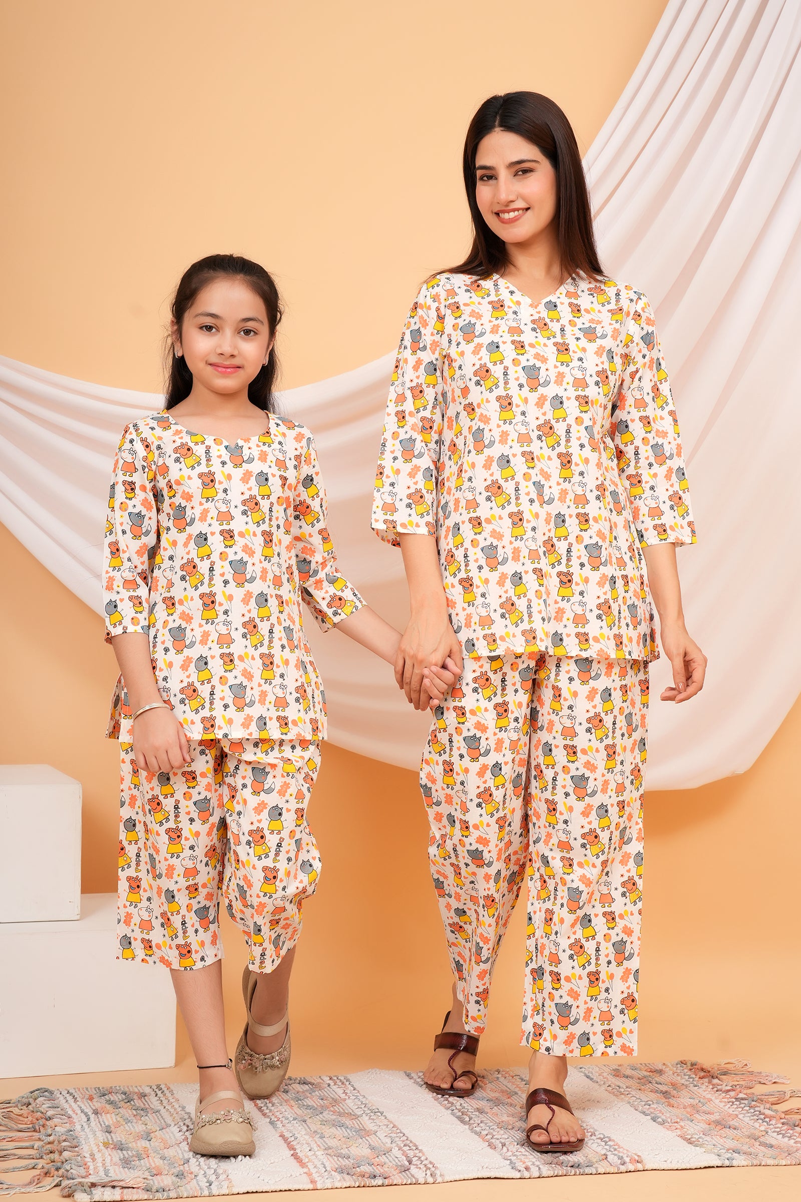 Yellow and Peach Peppa Pig Themed Nigh Dress for Maa Beti Duo - White