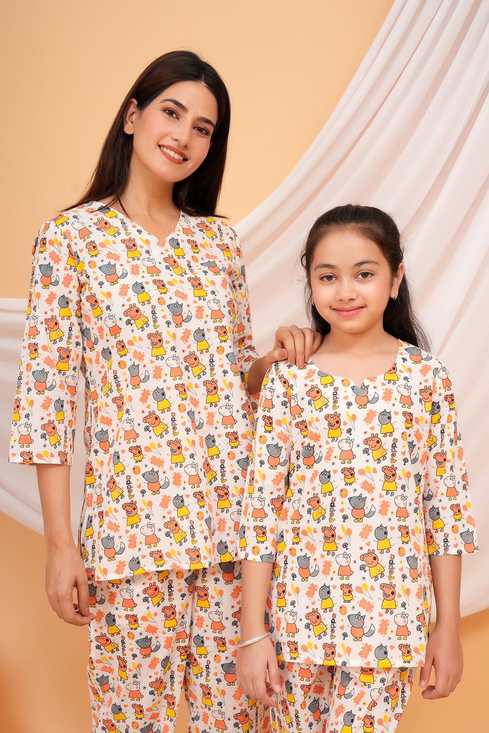 Yellow and Peach Peppa Pig Themed Nigh Dress for Maa Beti Duo - White