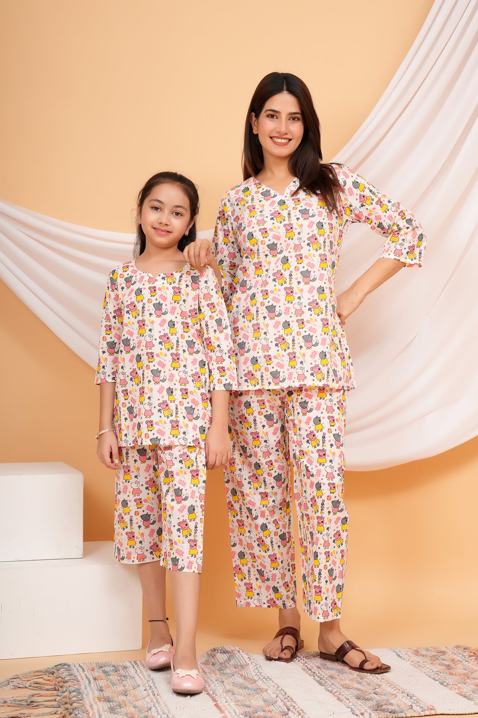 Yellow & Pink Peppa Pig Themed Night Dress For Maa Beti Duo - White