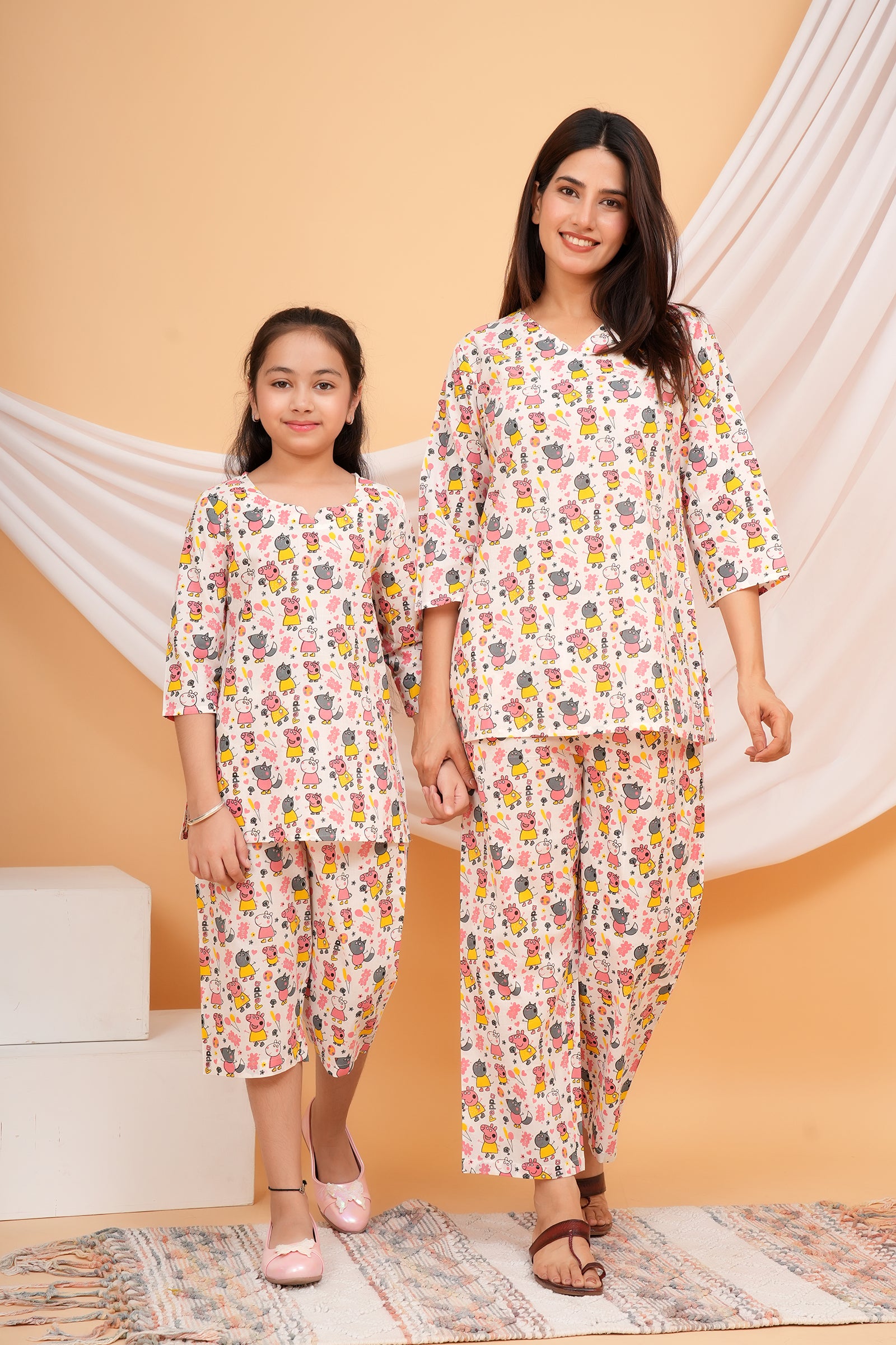 Yellow & Pink Peppa Pig Themed Night Dress For Maa Beti Duo - White