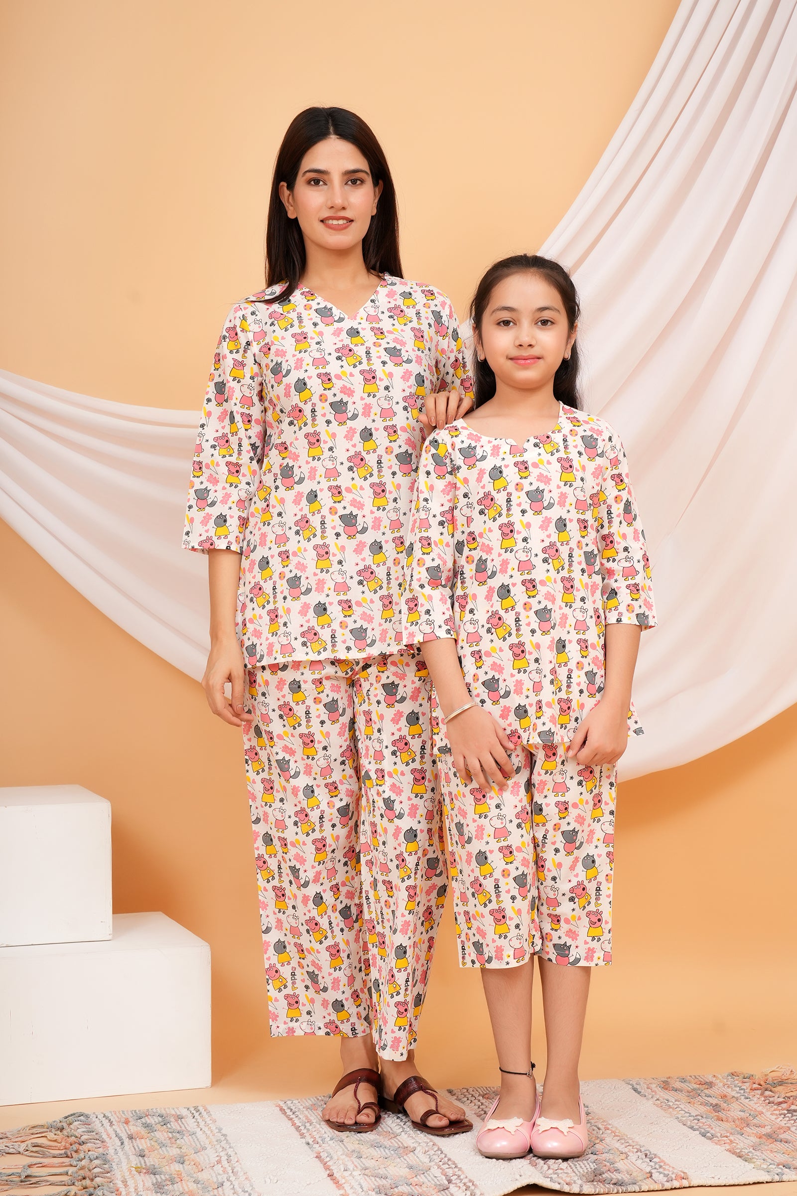 Yellow & Pink Peppa Pig Themed Night Dress For Maa Beti Duo - White