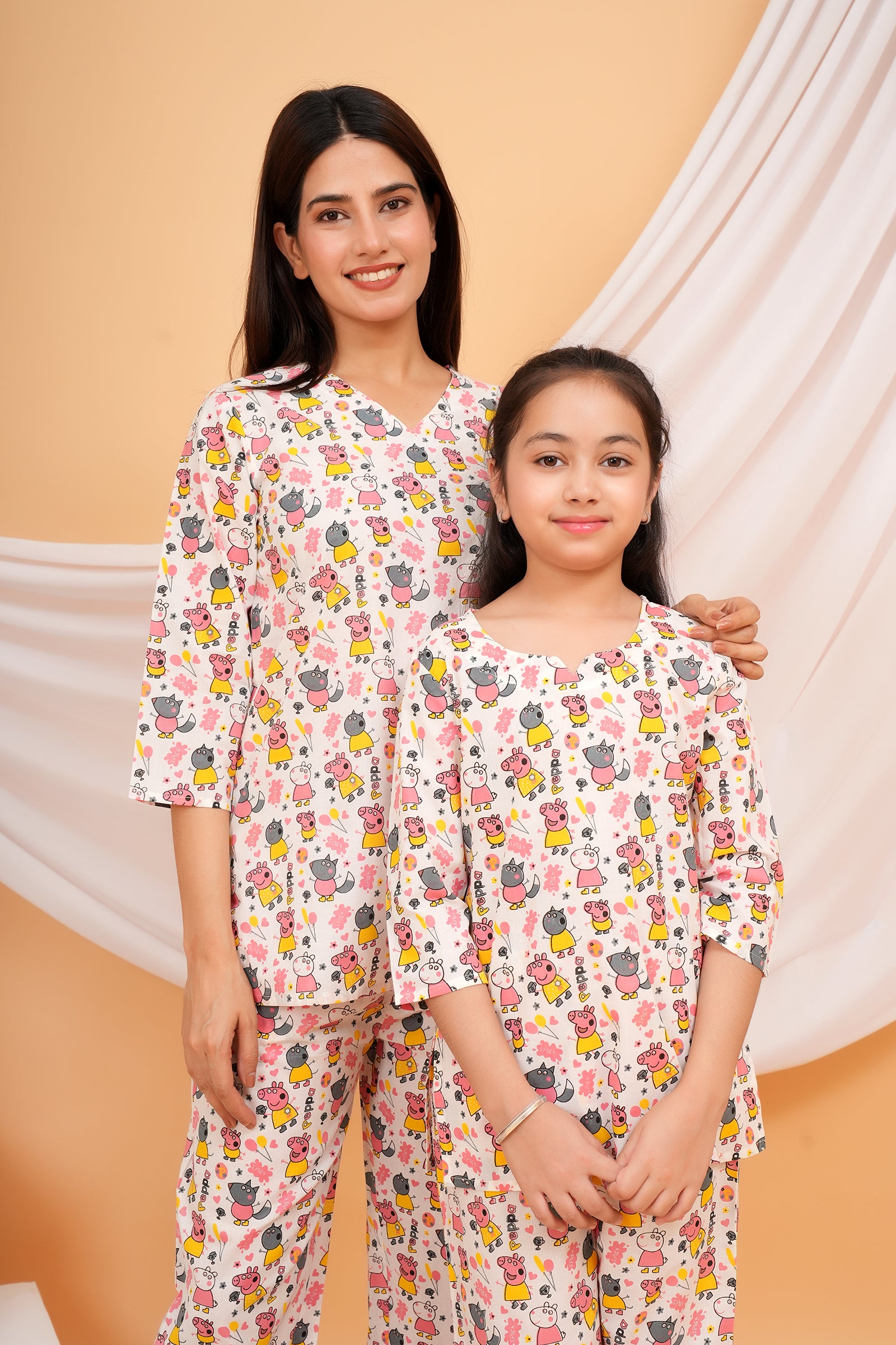 Yellow & Pink Peppa Pig Themed Night Dress For Maa Beti Duo - White