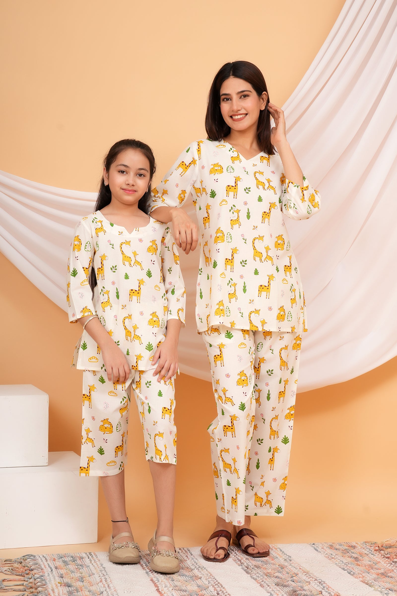Yellow Giraffe Printed Night Dress for Maa Beti Duo -White