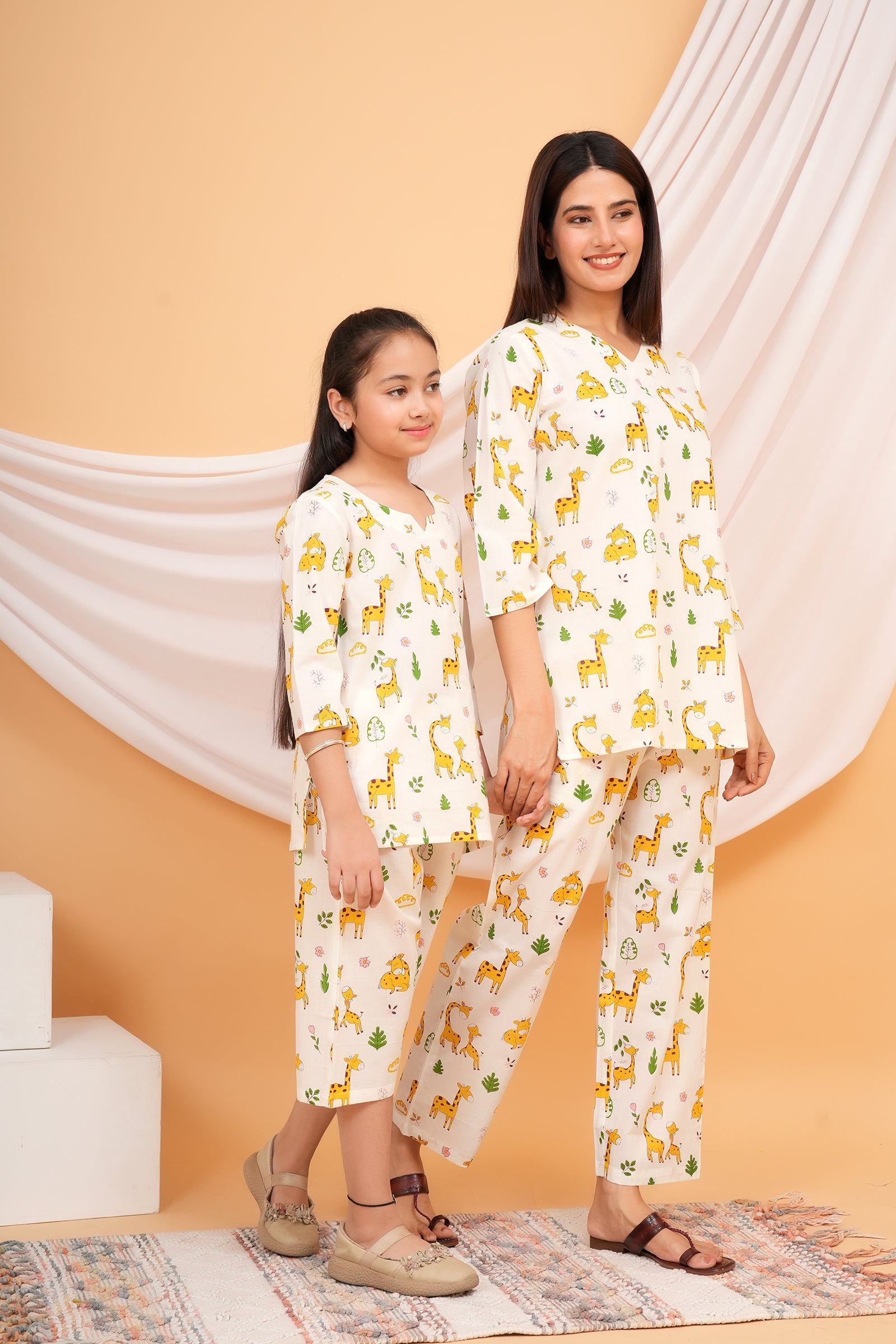 Yellow Giraffe Printed Night Dress for Maa Beti Duo -White