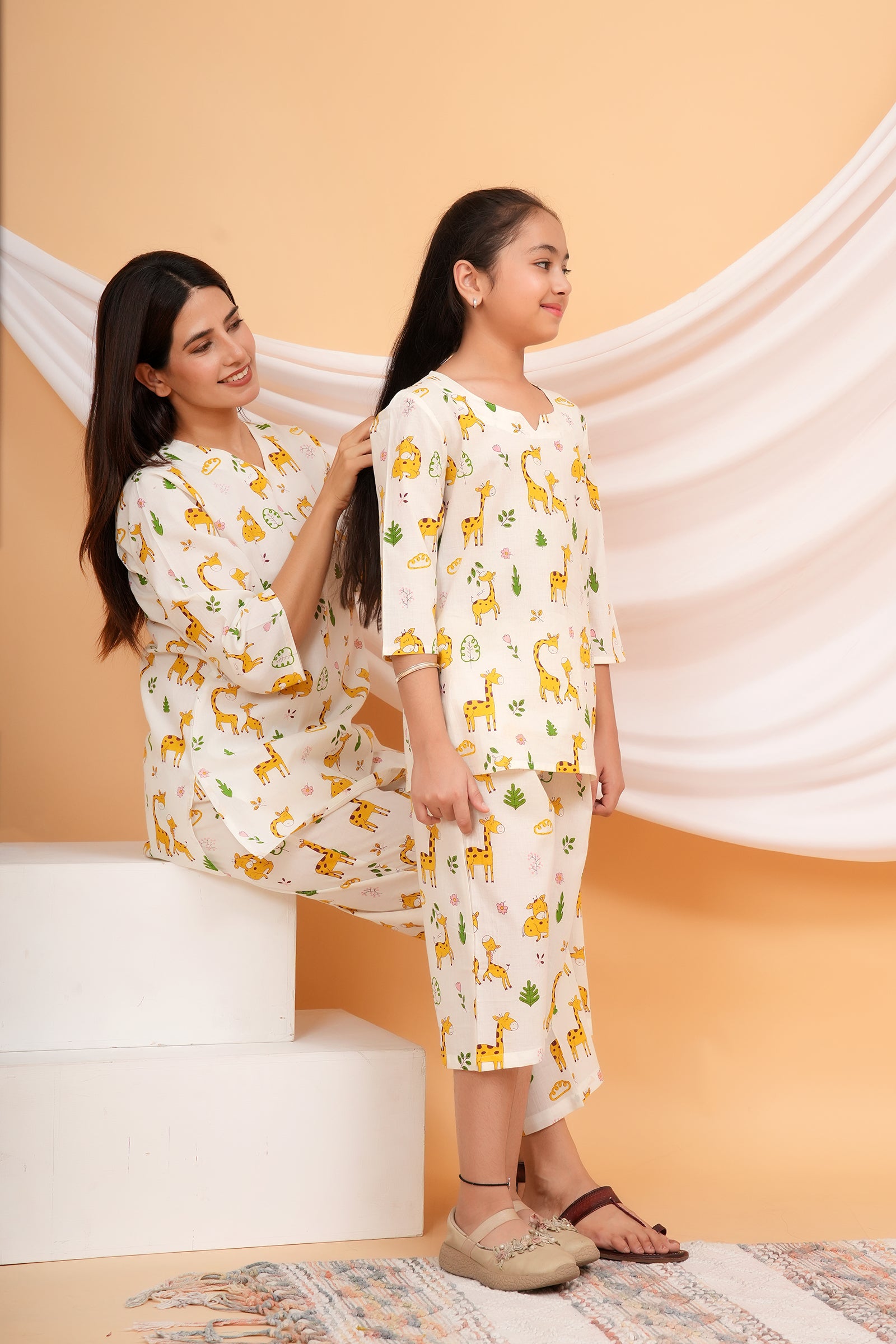 Yellow Giraffe Printed Night Dress for Maa Beti Duo -White