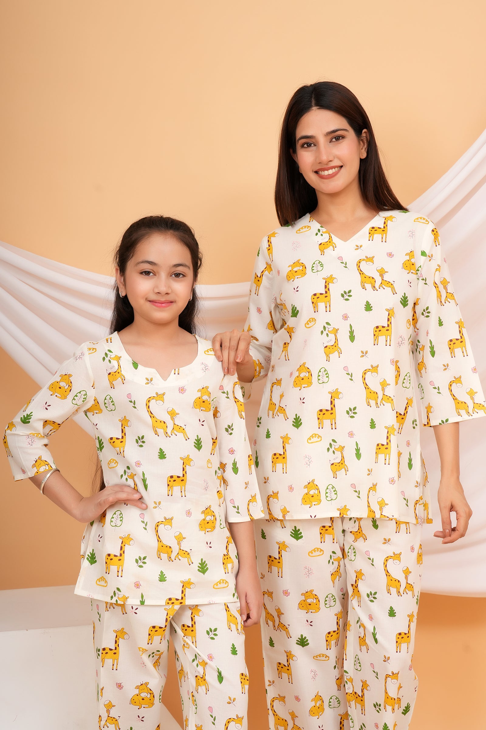 Yellow Giraffe Printed Night Dress for Maa Beti Duo -White