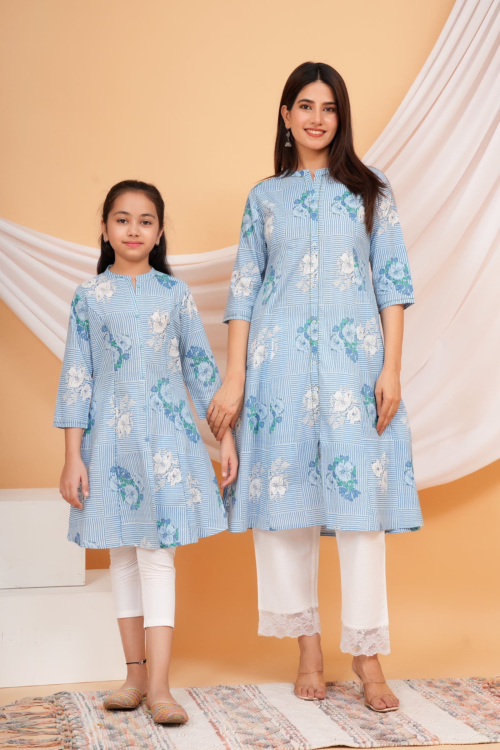 Abstract Stripe & Flower Printed A-Line Ethnic Kurti Maa Beti Duo - Sky Blue