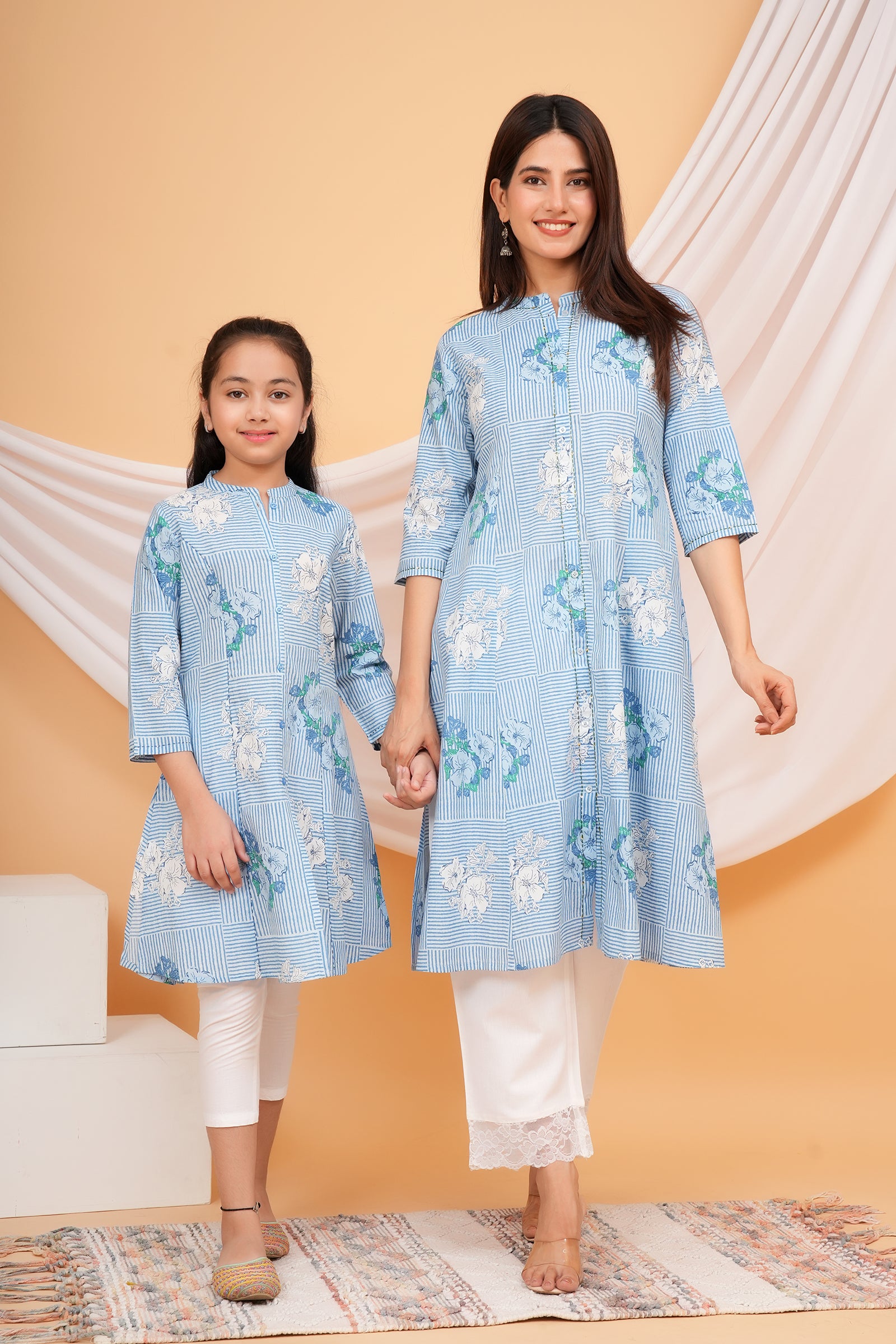 Abstract Stripe & Flower Printed A-Line Ethnic Kurti Maa Beti Duo - Sky Blue