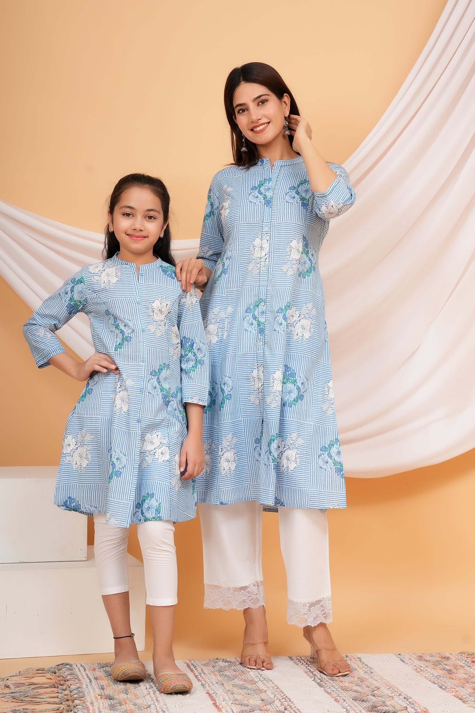 Abstract Stripe & Flower Printed A-Line Ethnic Kurti Maa Beti Duo - Sky Blue