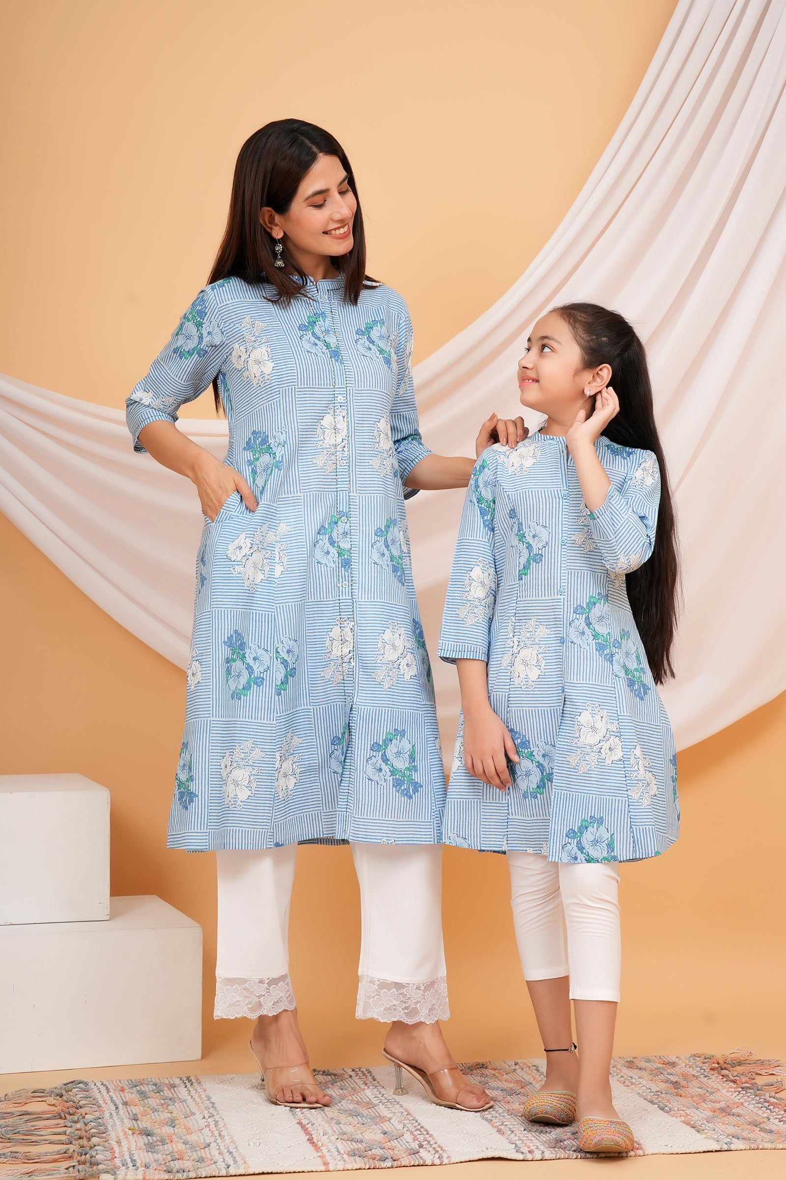 Abstract Stripe & Flower Printed A-Line Ethnic Kurti Maa Beti Duo - Sky Blue