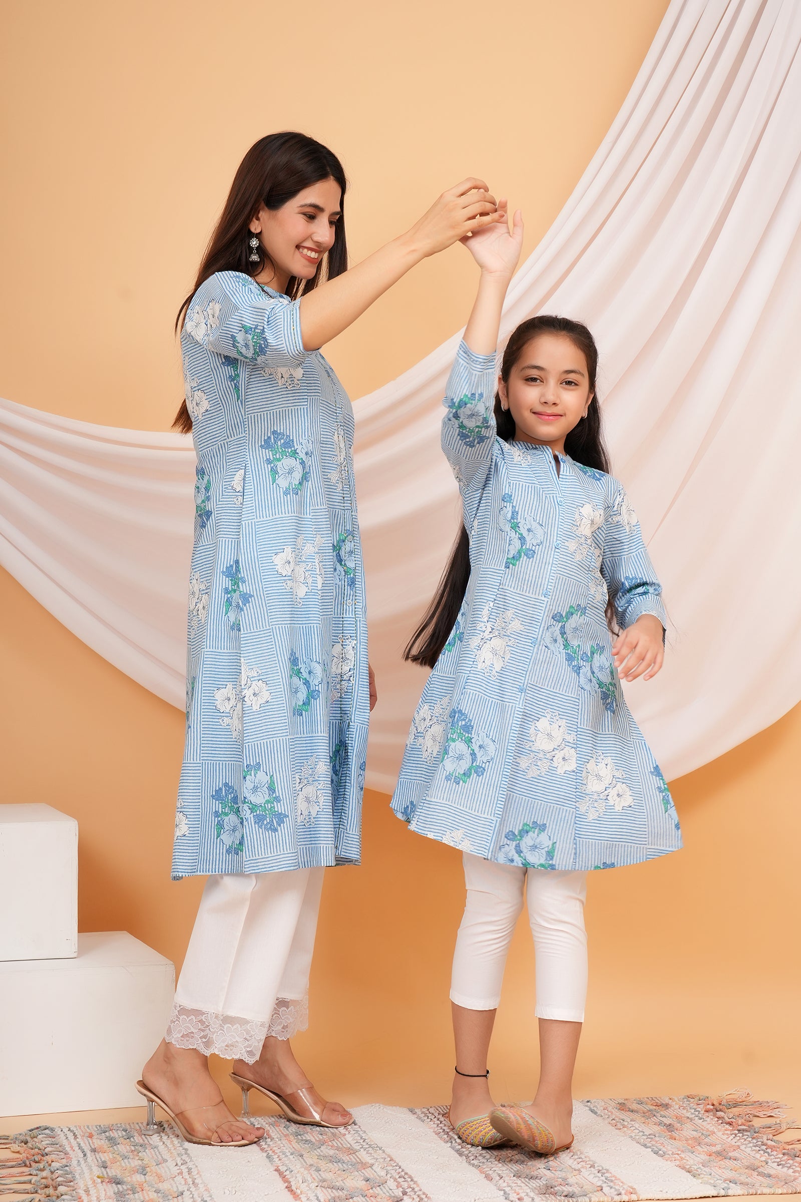 Abstract Stripe & Flower Printed A-Line Ethnic Kurti Maa Beti Duo - Sky Blue