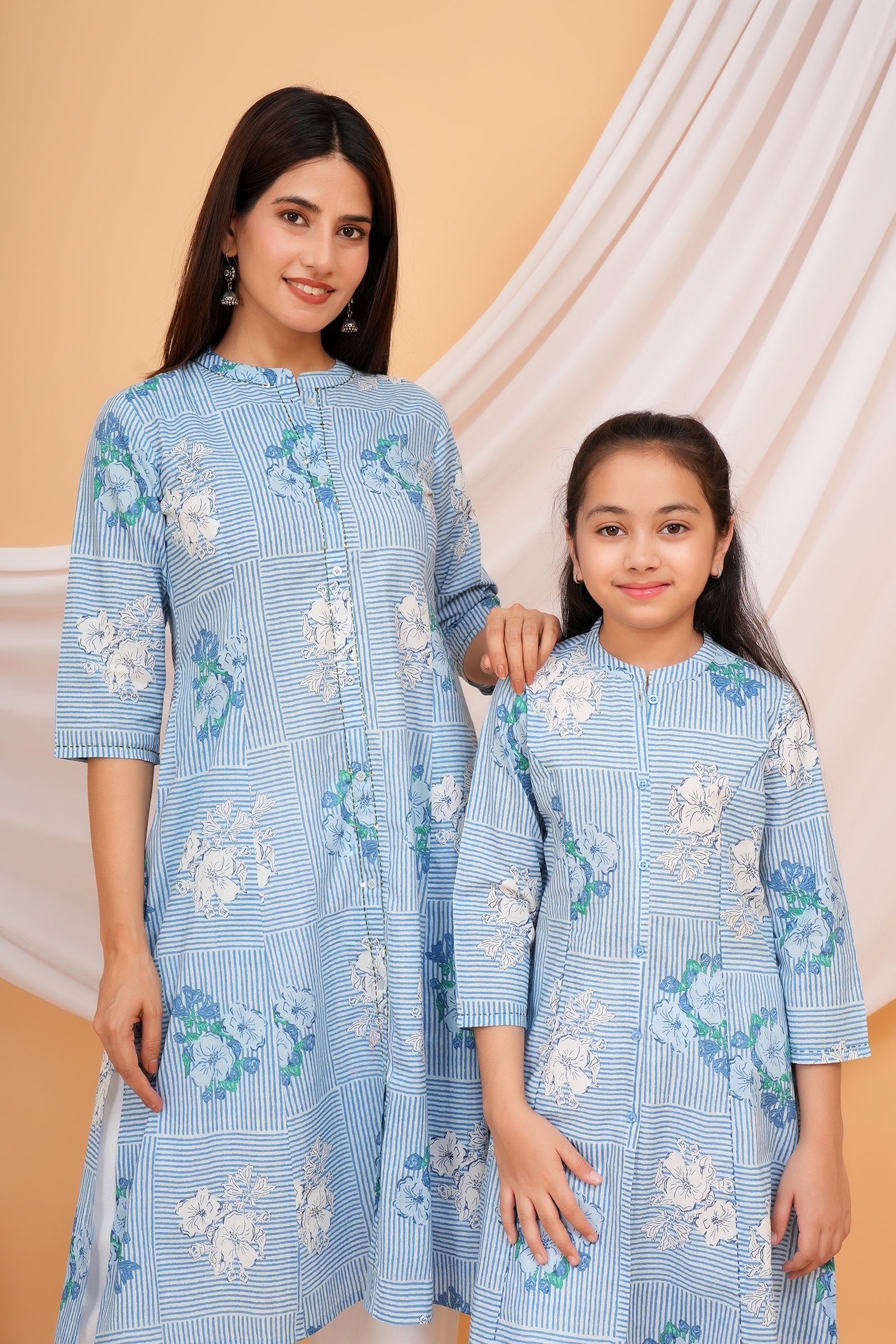 Abstract Stripe & Flower Printed A-Line Ethnic Kurti Maa Beti Duo - Sky Blue