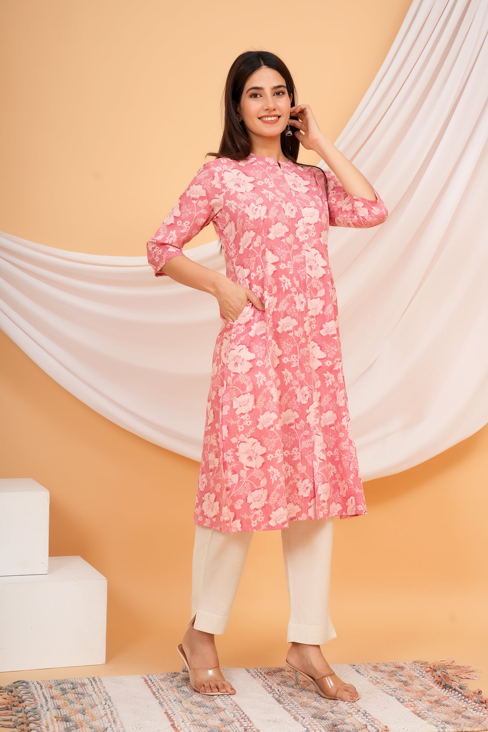 Floral Themed Pink Base Kantha Stitch Traditional Flower Printed Kurti for Women - Pink