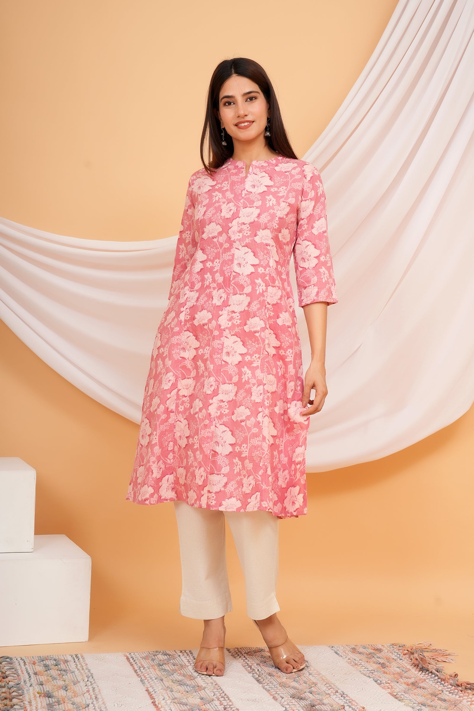 Floral Themed Pink Base Kantha Stitch Traditional Flower Printed Kurti for Women - Pink