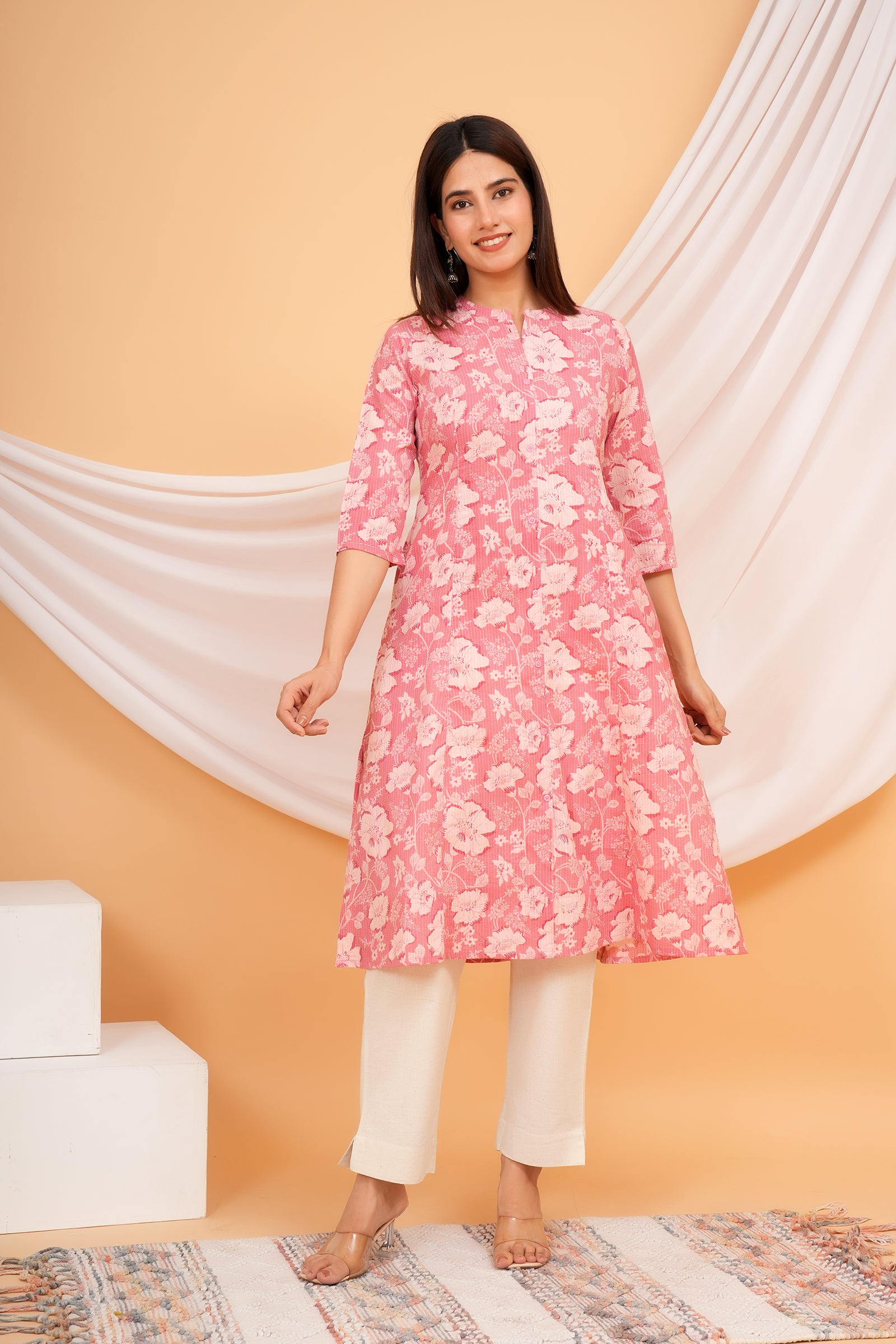 Floral Themed Pink Base Kantha Stitch Traditional Flower Printed Kurti for Women - Pink