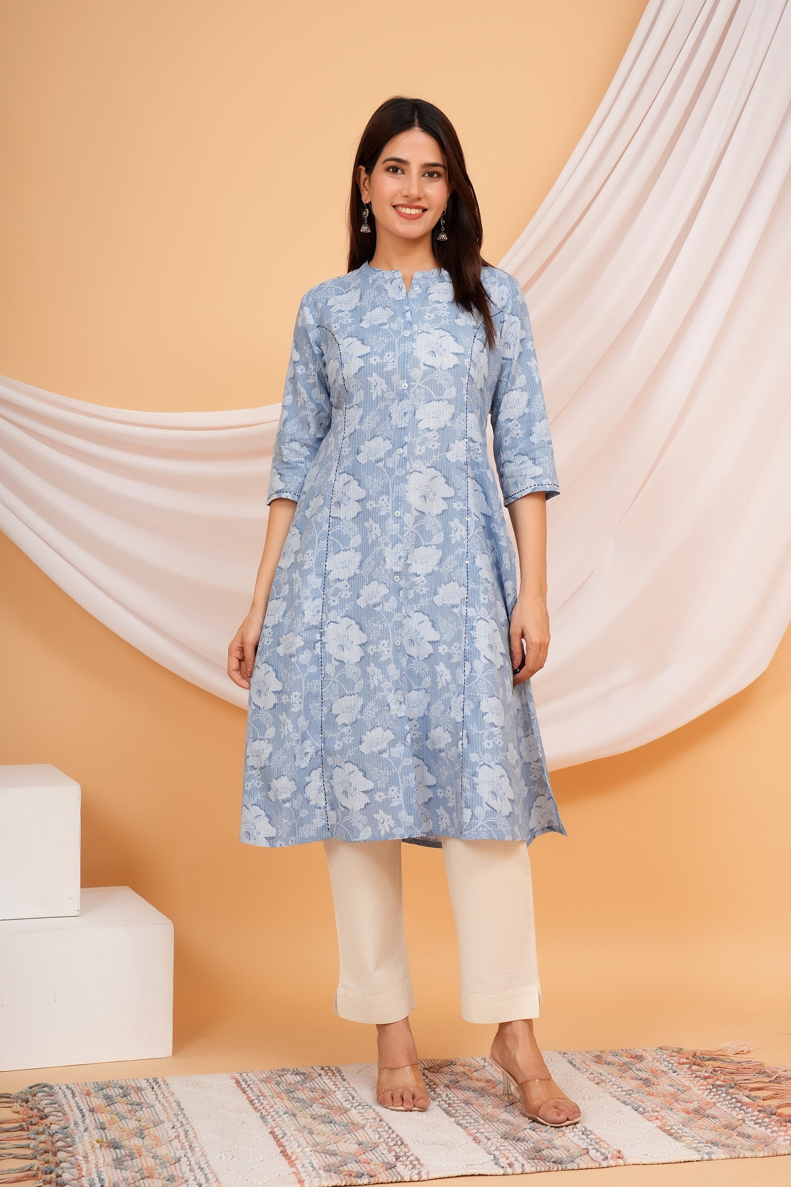 Floral Themed Blue Base Kantha Stitch Traditional White Flower Printed Kurti for Women - Sky Blue